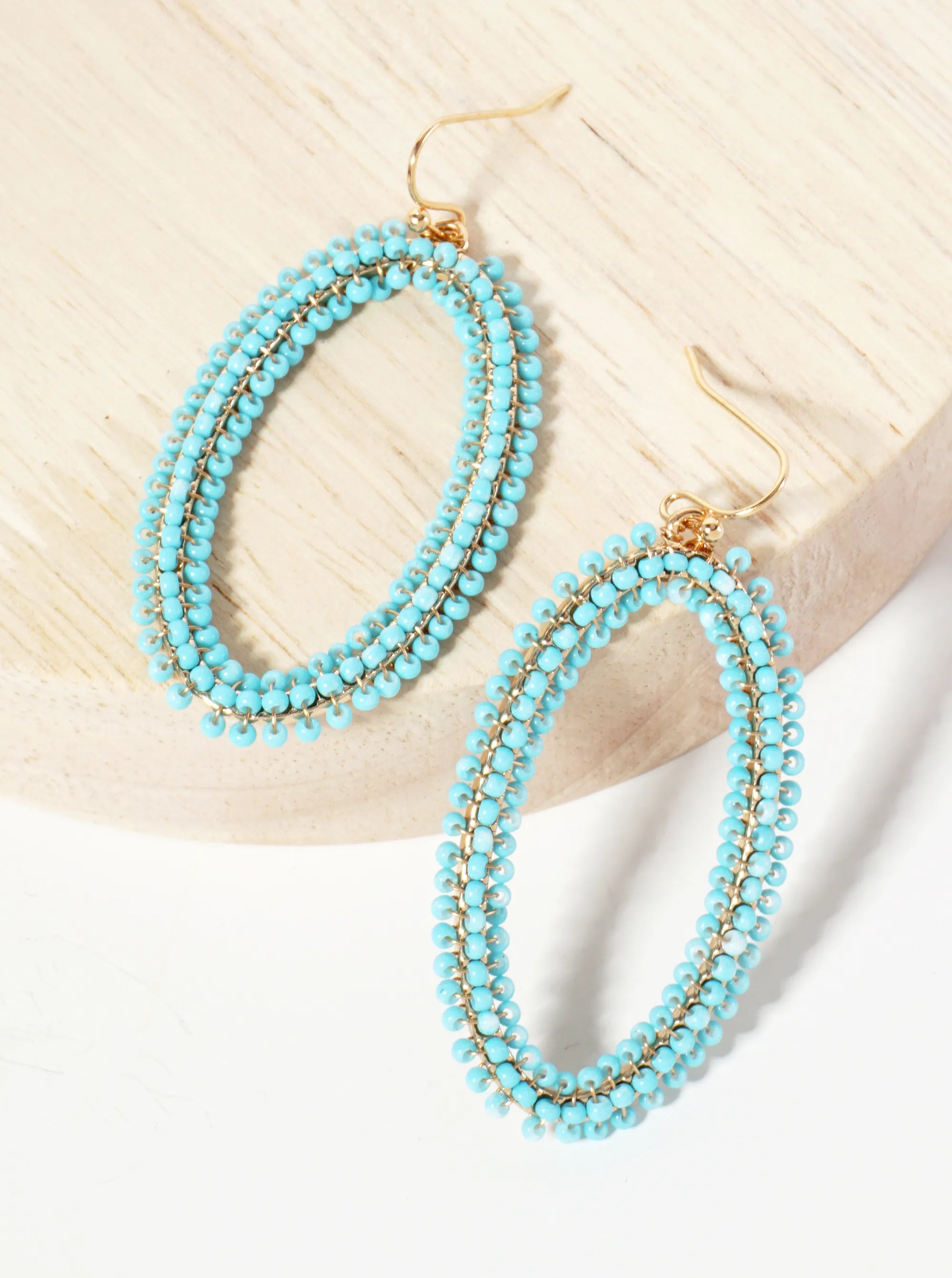 Seed-Beads Wire-Wrapped Oval-Shaped Dangle Earrings