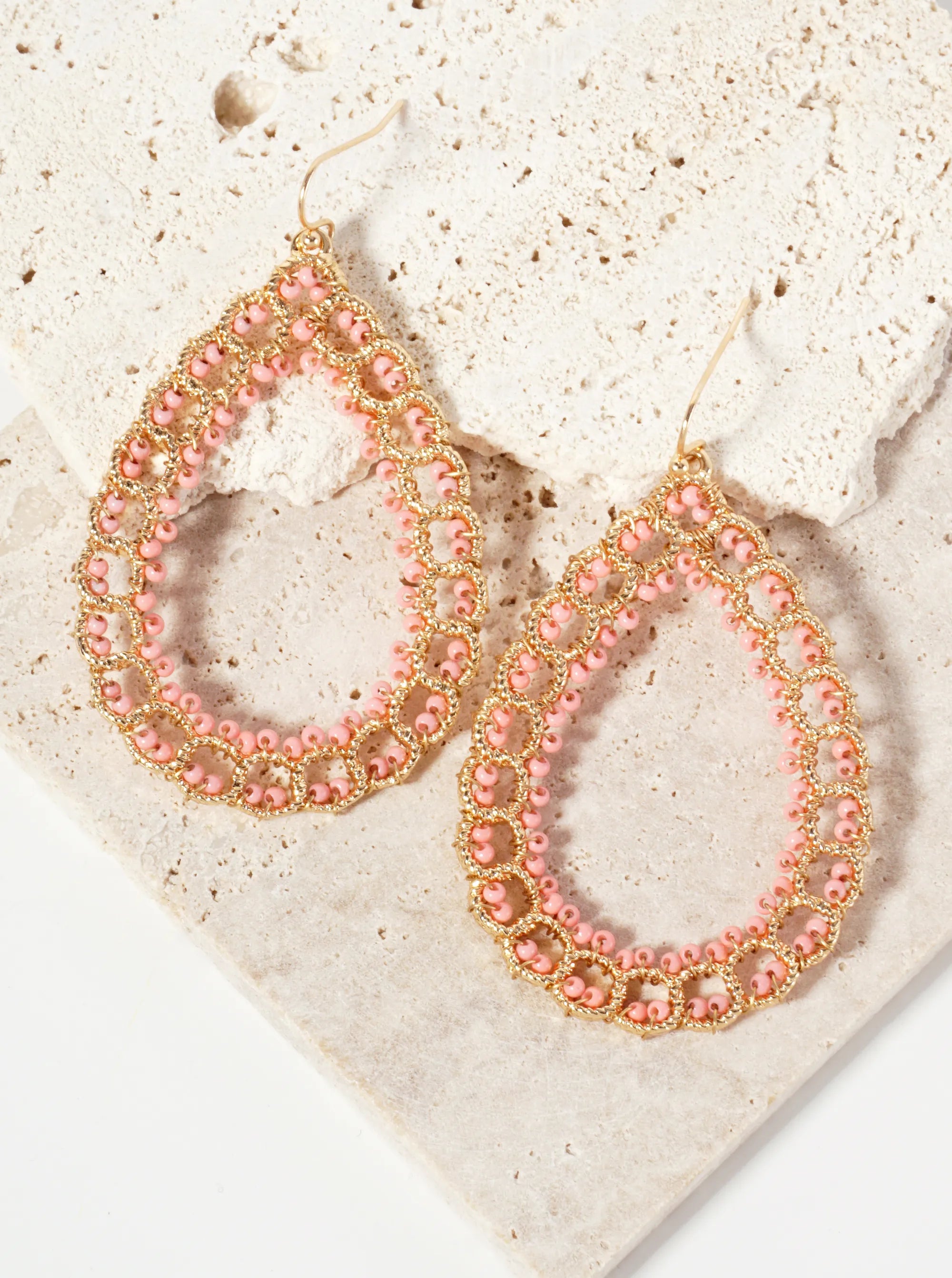 Seed-Beads Wire-Wrapped Teardrop-Shaped Dangle Earrings