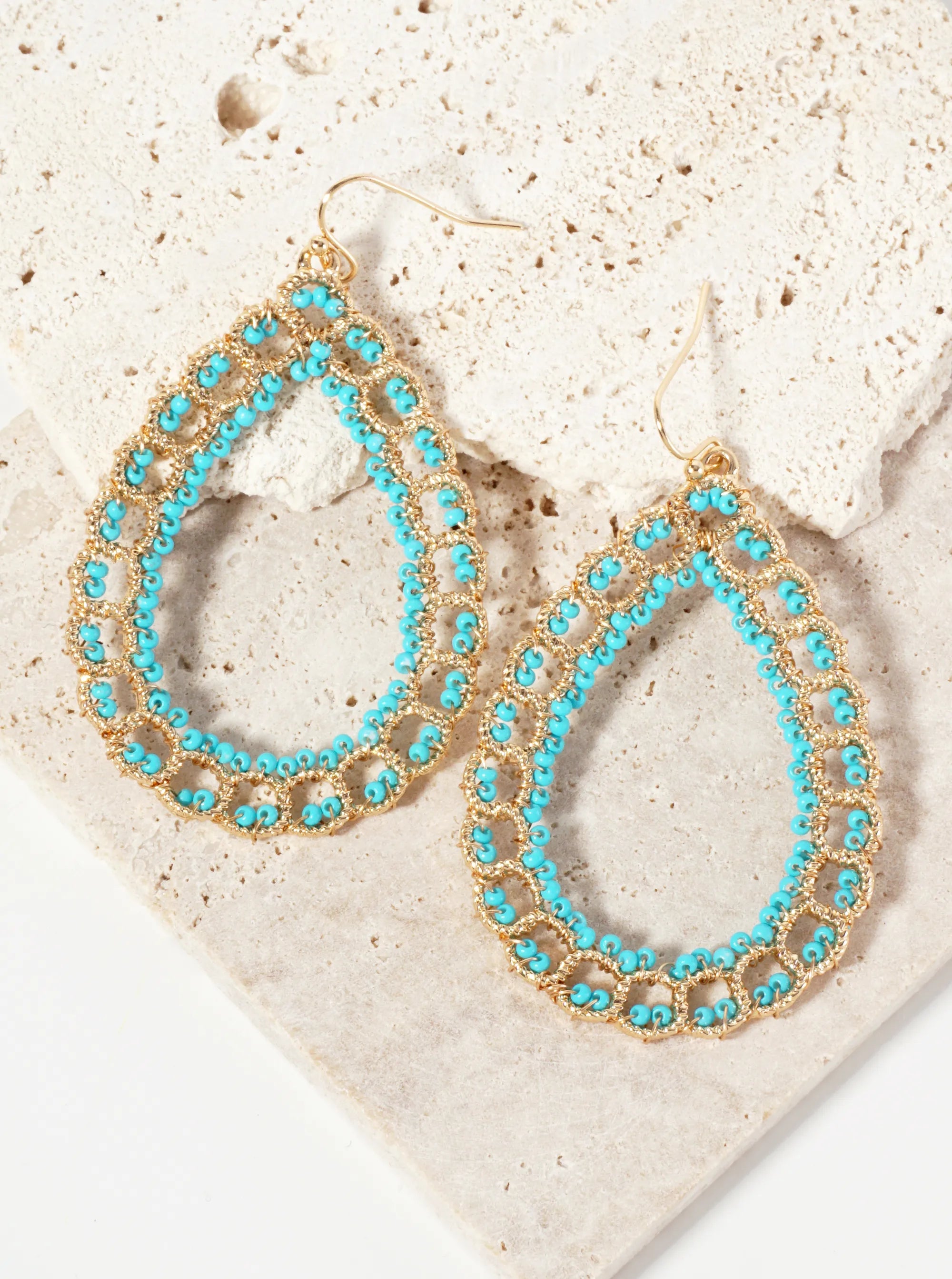 Seed-Beads Wire-Wrapped Teardrop-Shaped Dangle Earrings
