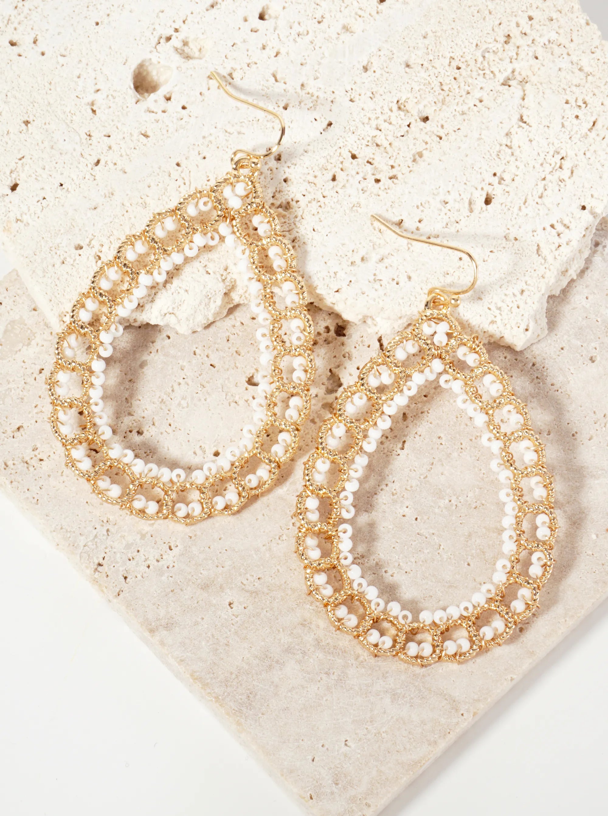 Seed-Beads Wire-Wrapped Teardrop-Shaped Dangle Earrings