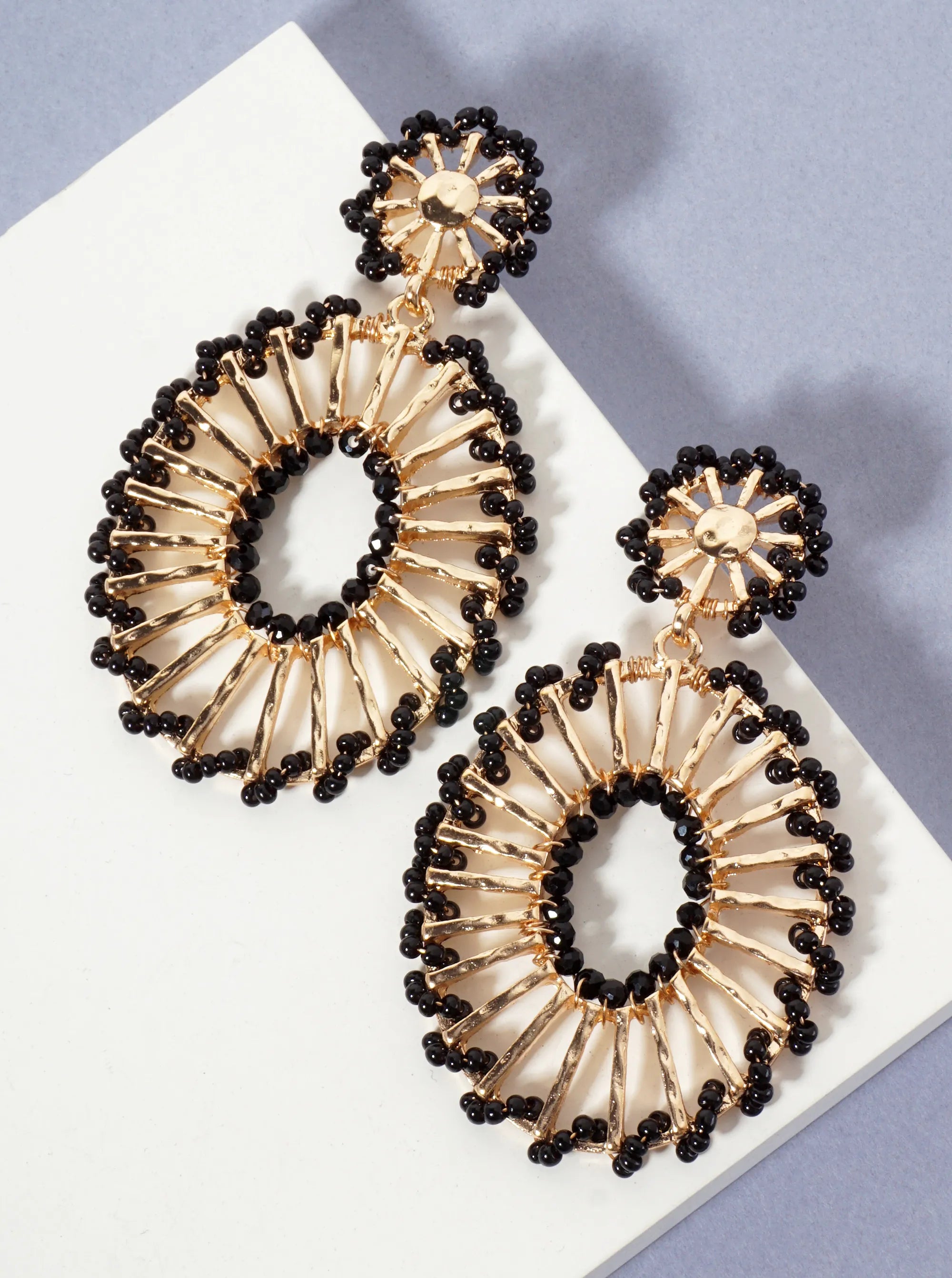 Seed-Beads Wrapped Hammered-Texture Oval Drop Earrings