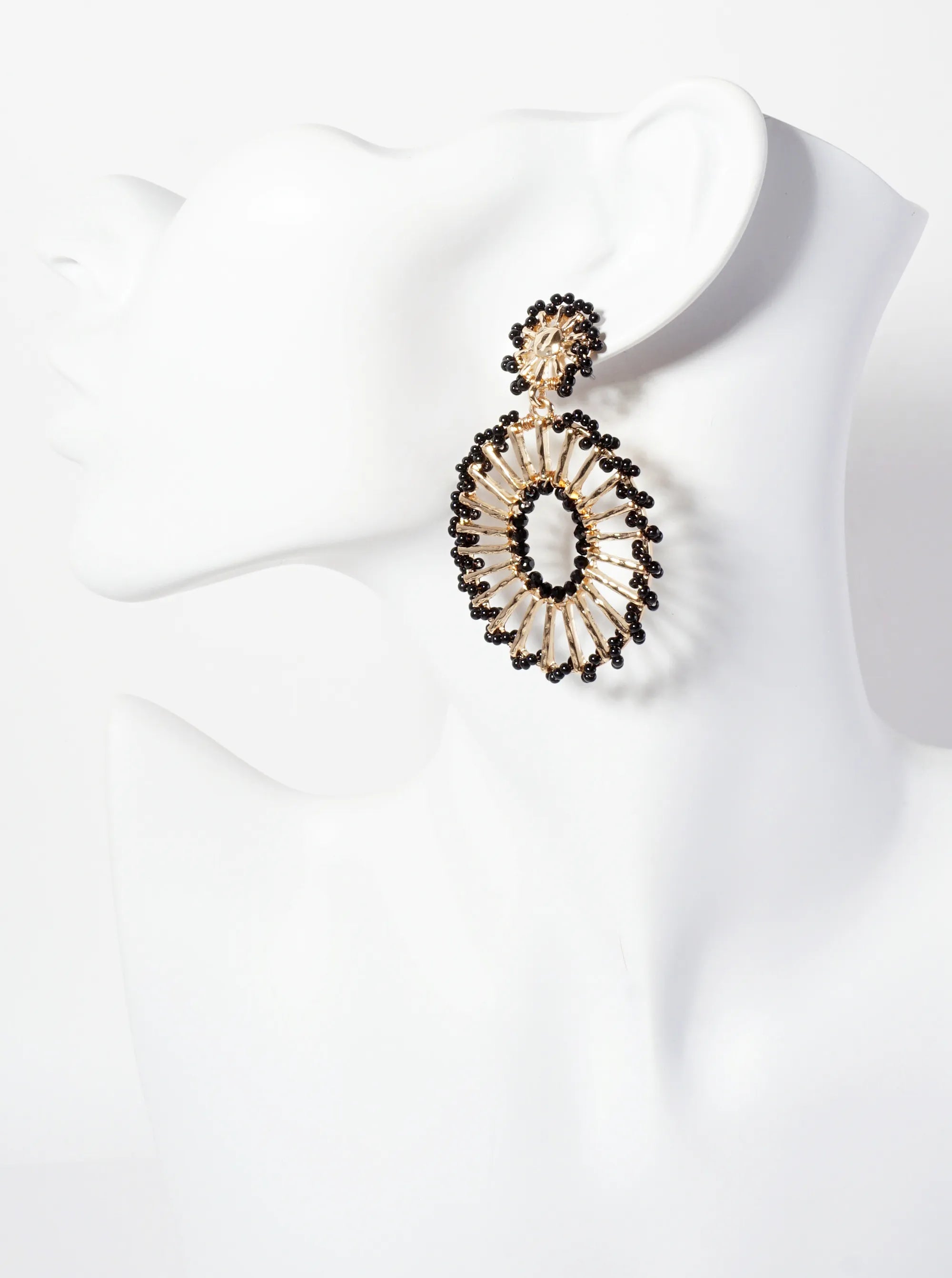 Seed-Beads Wrapped Hammered-Texture Oval Drop Earrings