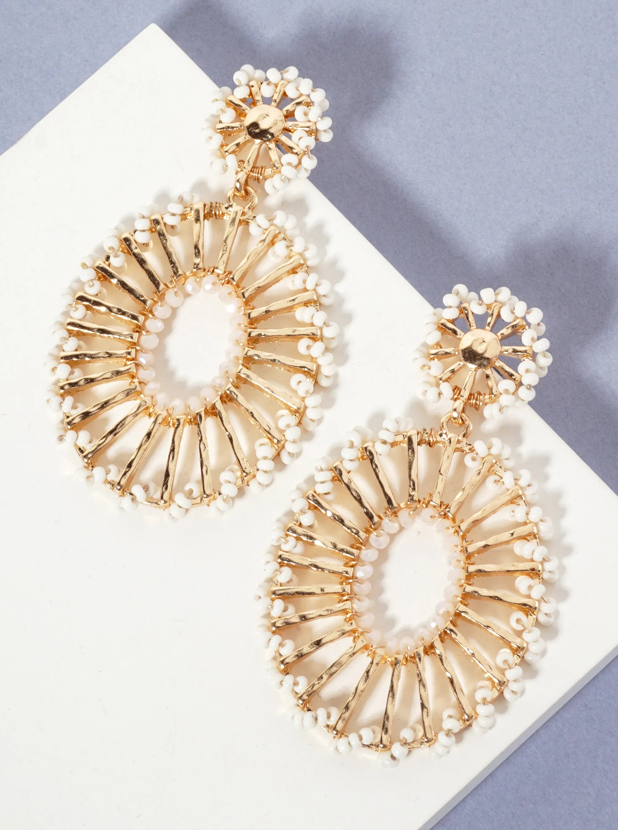 Seed-Beads Wrapped Hammered-Texture Oval Drop Earrings