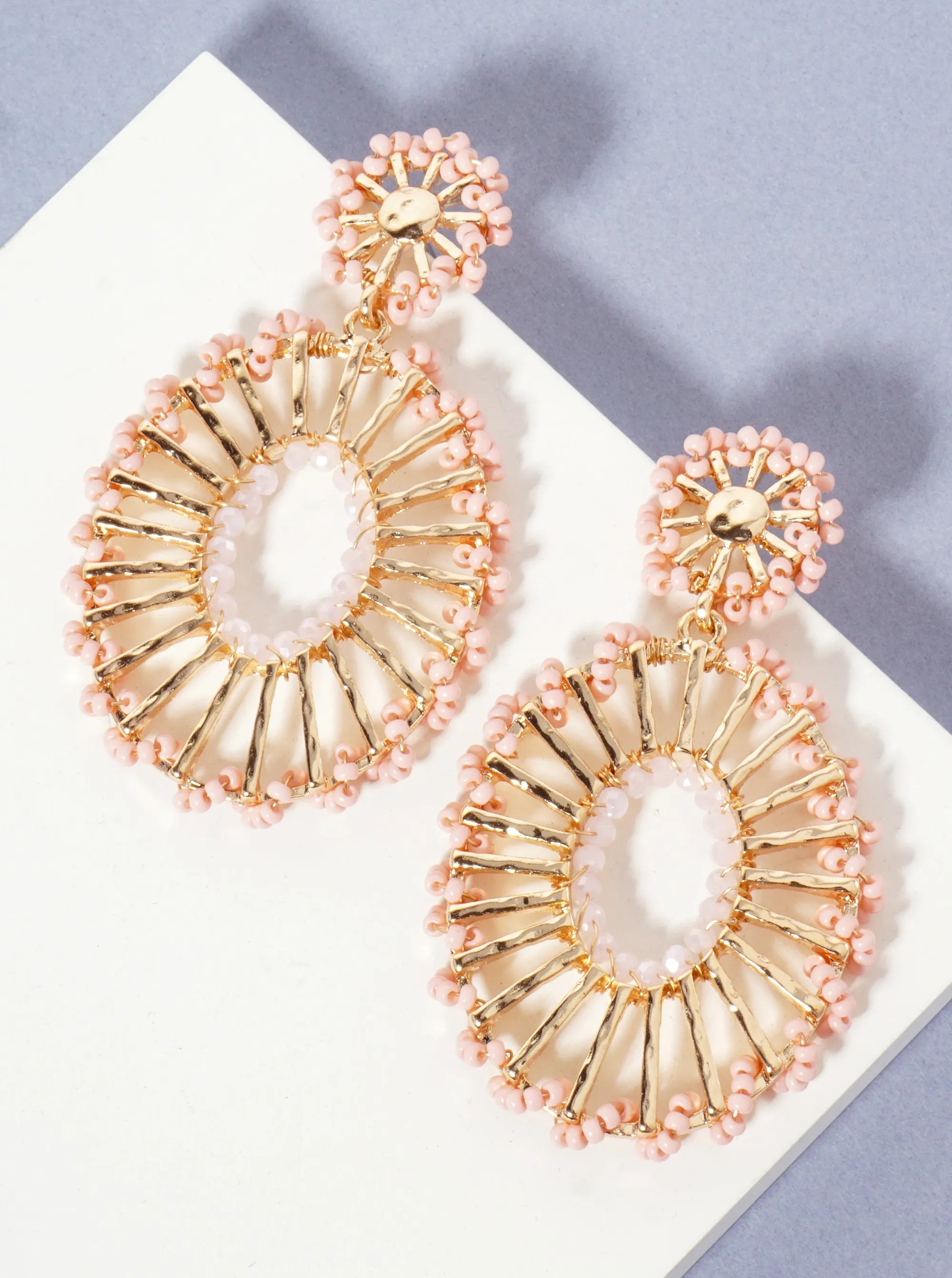 Seed-Beads Wrapped Hammered-Texture Oval Drop Earrings