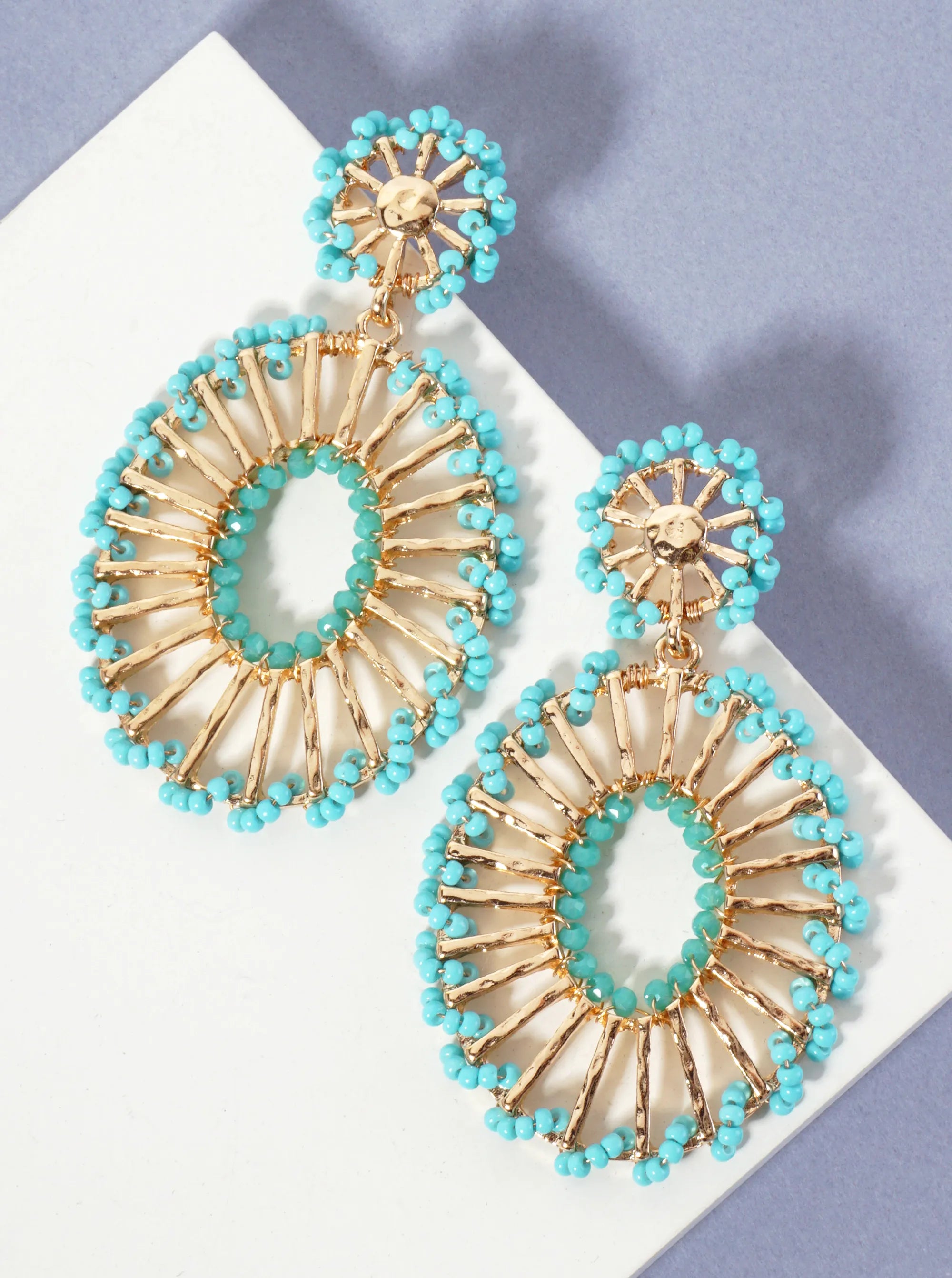 Seed-Beads Wrapped Hammered-Texture Oval Drop Earrings