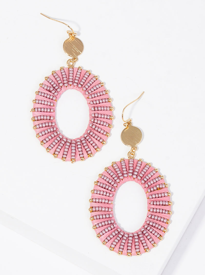 Seed Bead And Raffia Wrapped Oval Dangle Drop Earrings