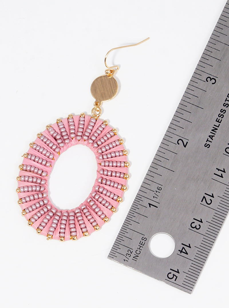 Seed Bead And Raffia Wrapped Oval Dangle Drop Earrings