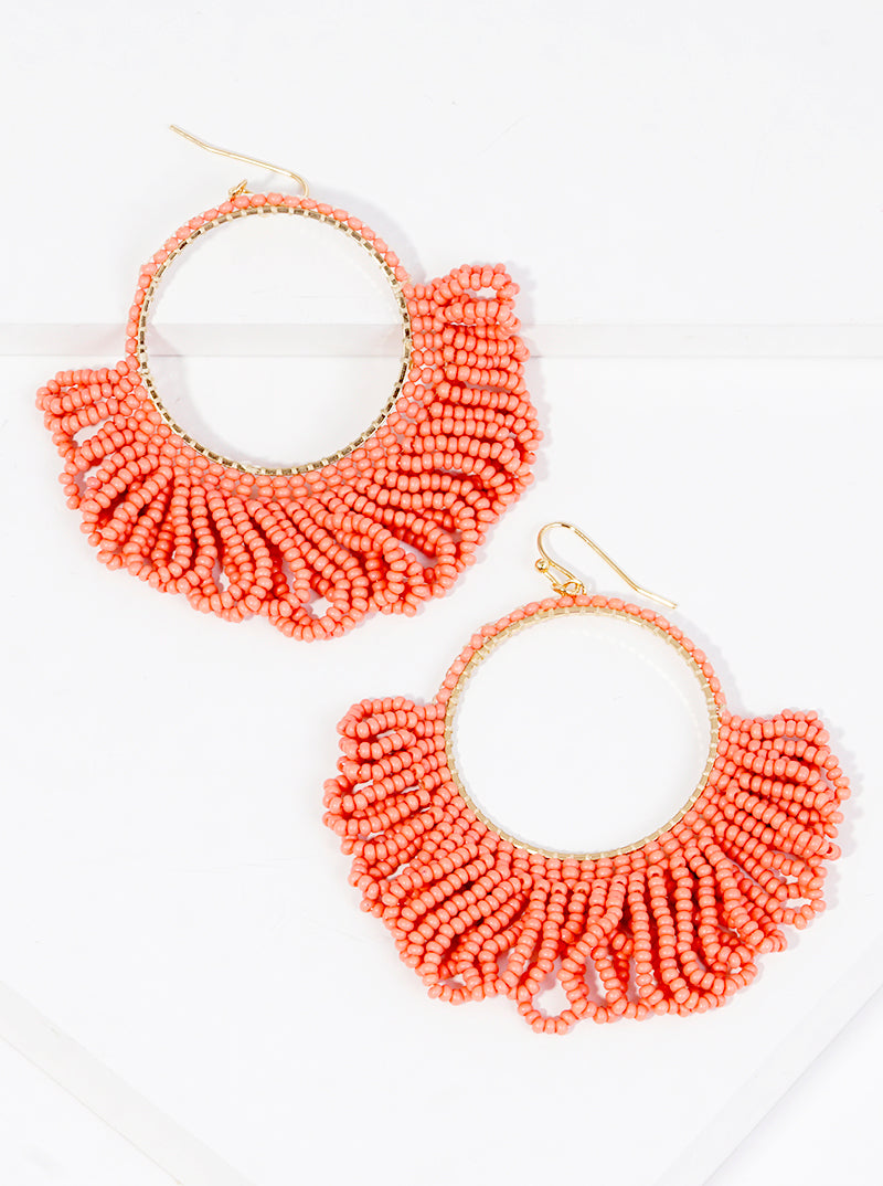Seed Beaded Circle With Fringe Fish Hook Dangle Drop Earrings