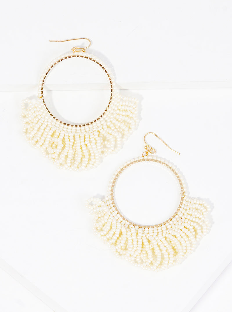 Seed Beaded Circle With Fringe Fish Hook Dangle Drop Earrings