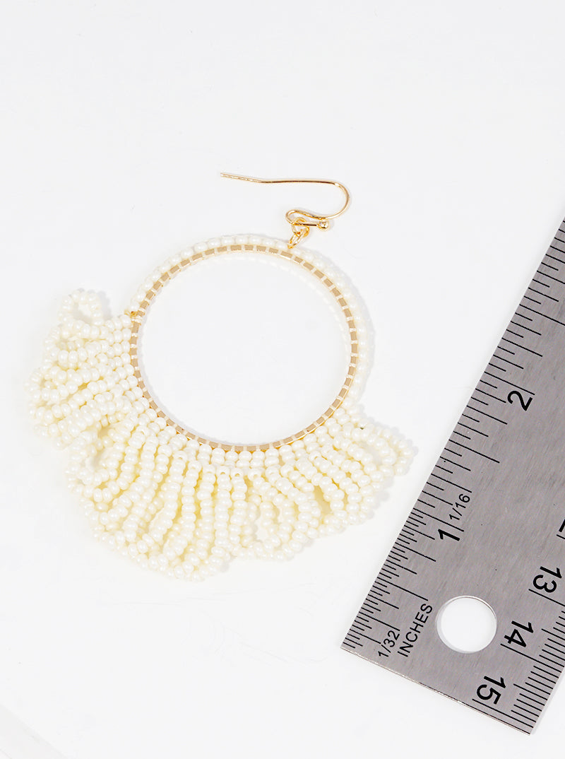Seed Beaded Circle With Fringe Fish Hook Dangle Drop Earrings