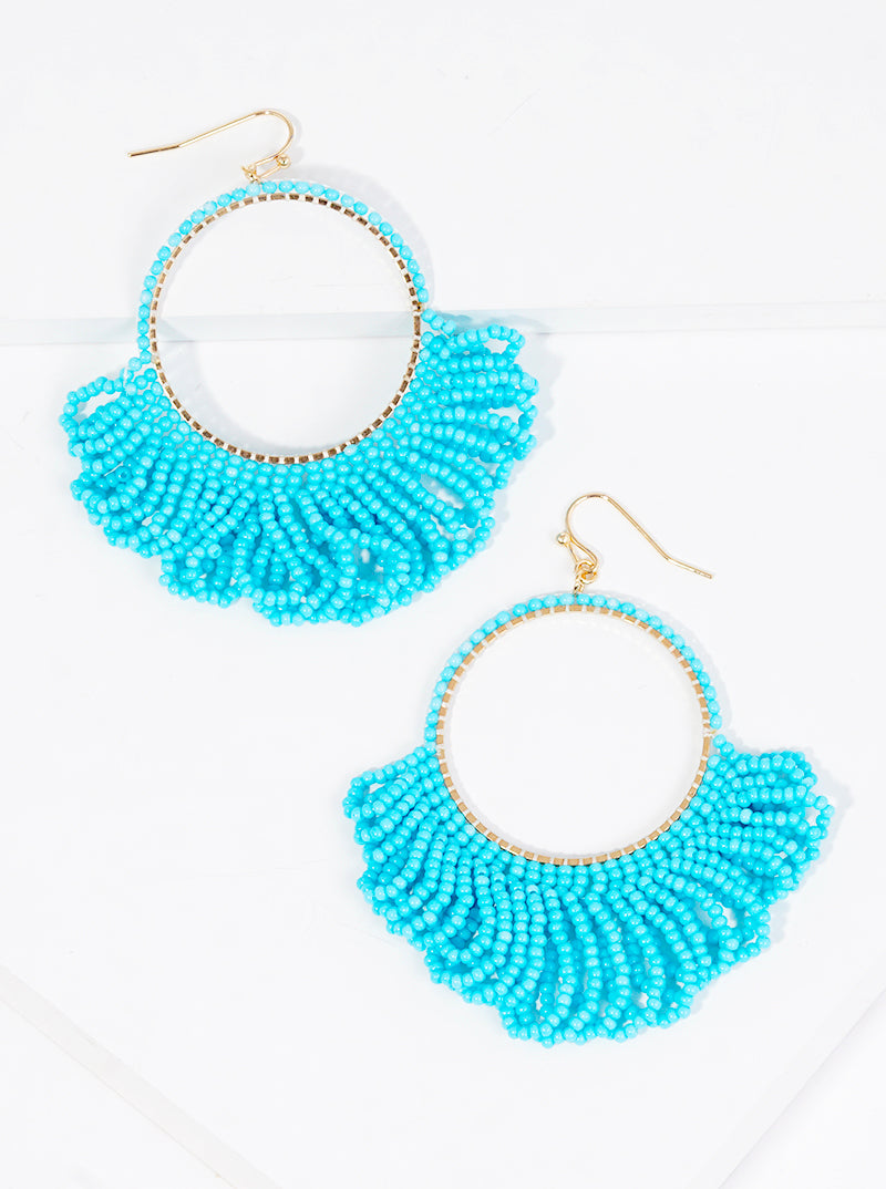 Seed Beaded Circle With Fringe Fish Hook Dangle Drop Earrings