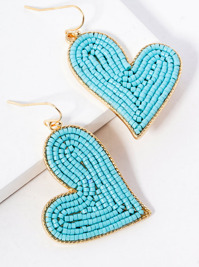 Seed Beaded Heart Dangle Drop Earrings