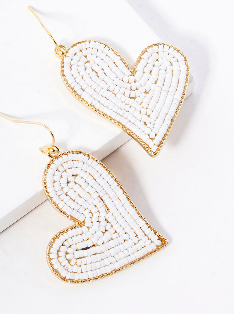 Seed Beaded Heart Dangle Drop Earrings