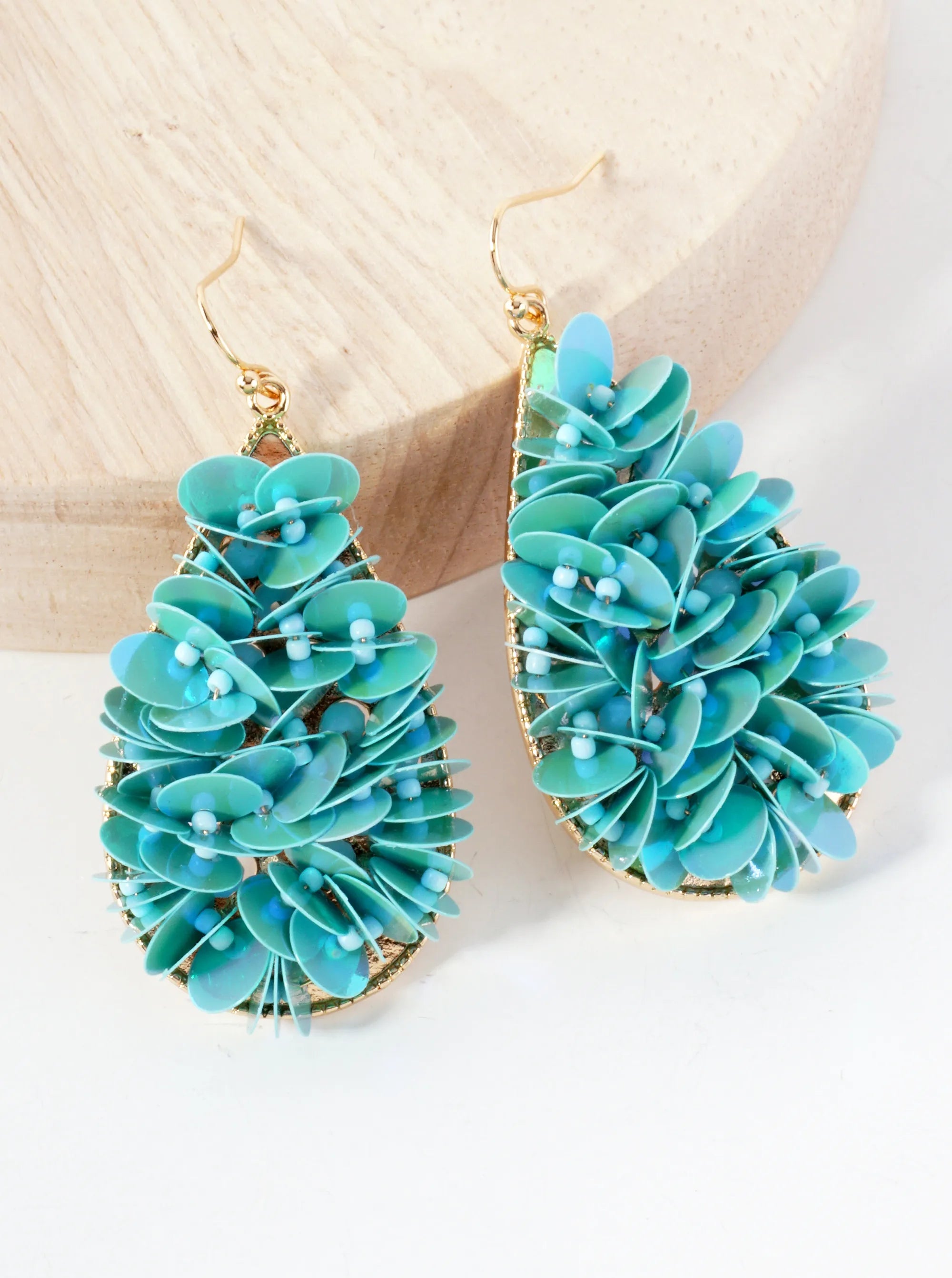 Sequin And Glass Beads Wired-Wrapped Teardrop Dangle Earrings