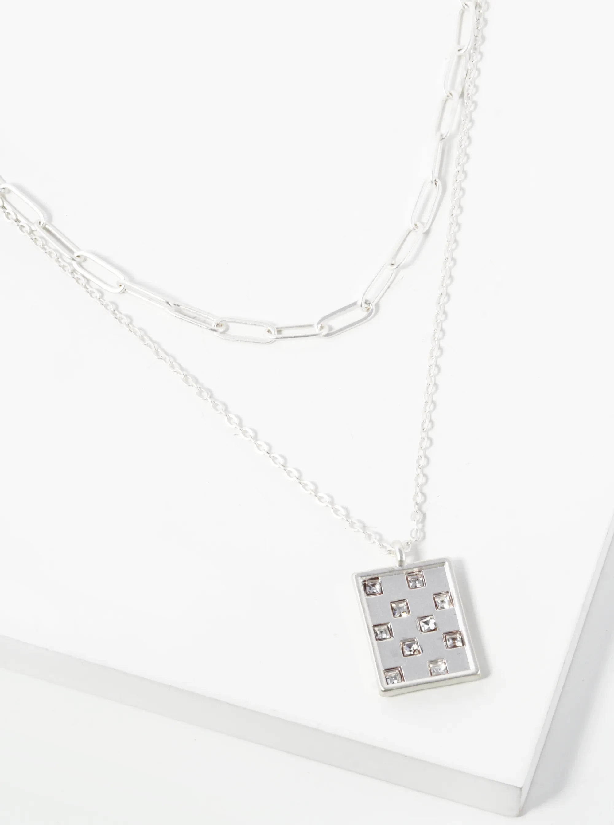Square Crystal Stone Studded Rectangle Pendant Layered Necklace