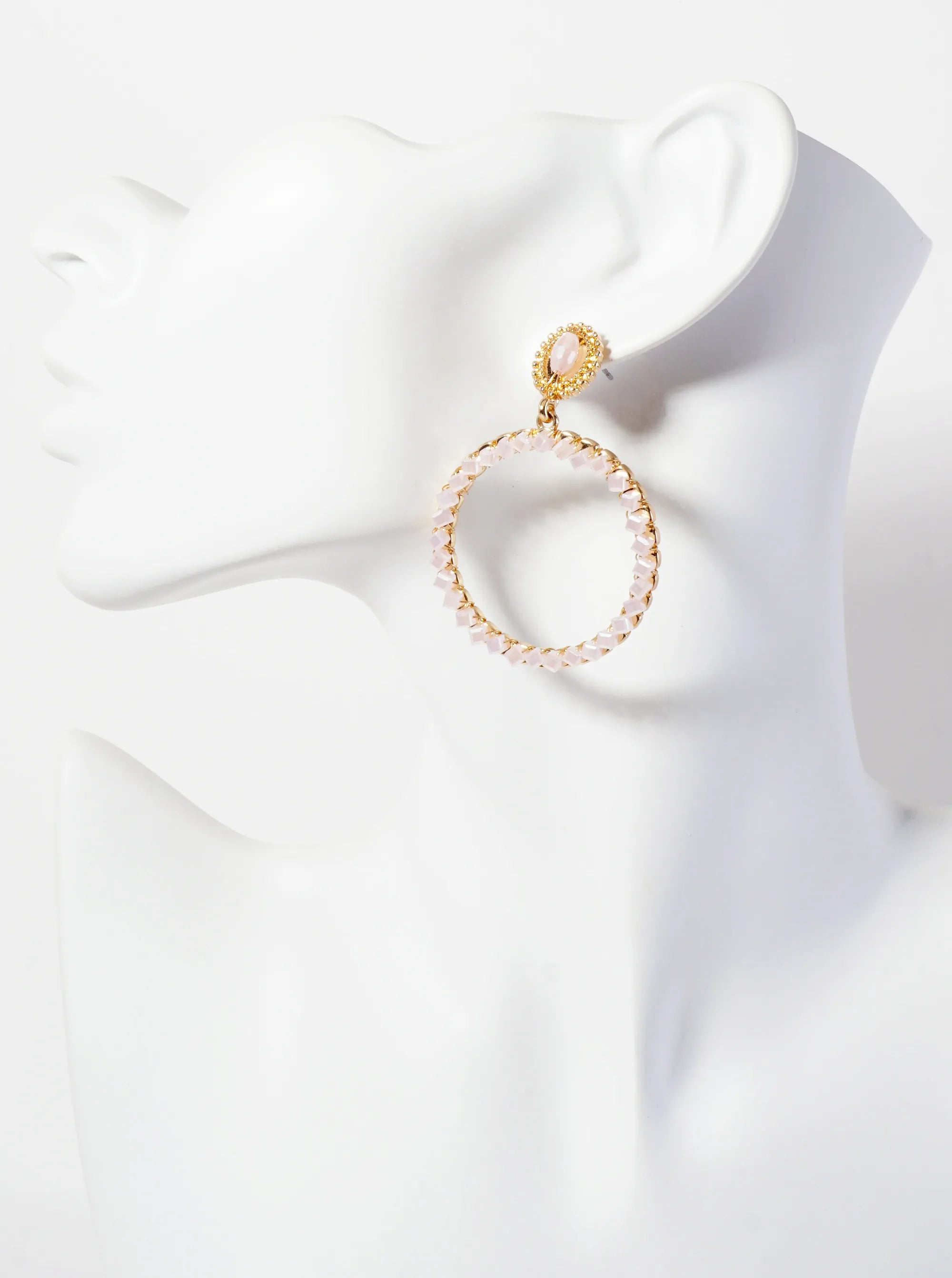 Square-Shaped Glass-Bead Wire-Wrapped Circle Drop Dangle Post Earrings