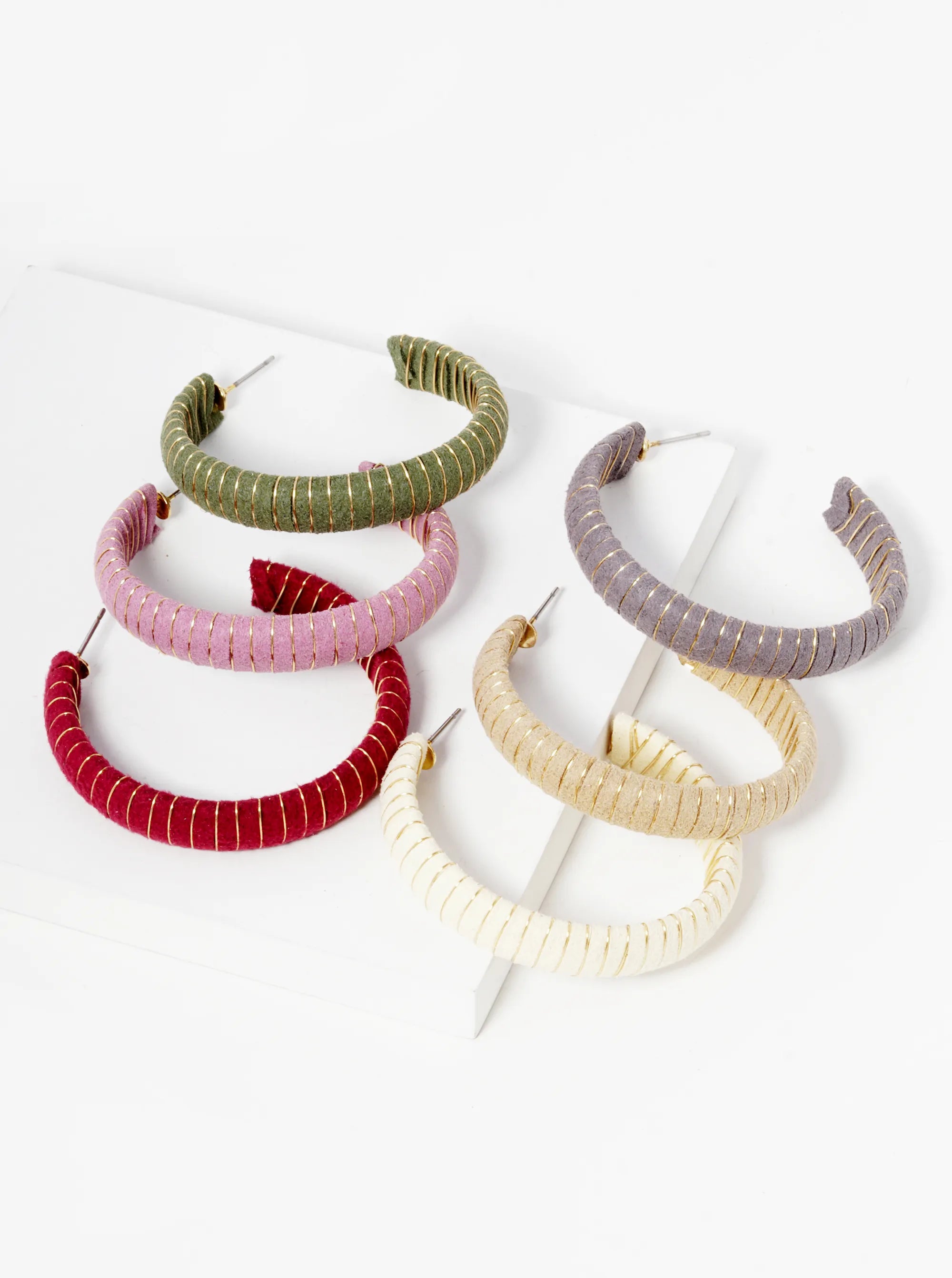 Suede Wrapped Then Wired Muted Colors Hoop Earrings