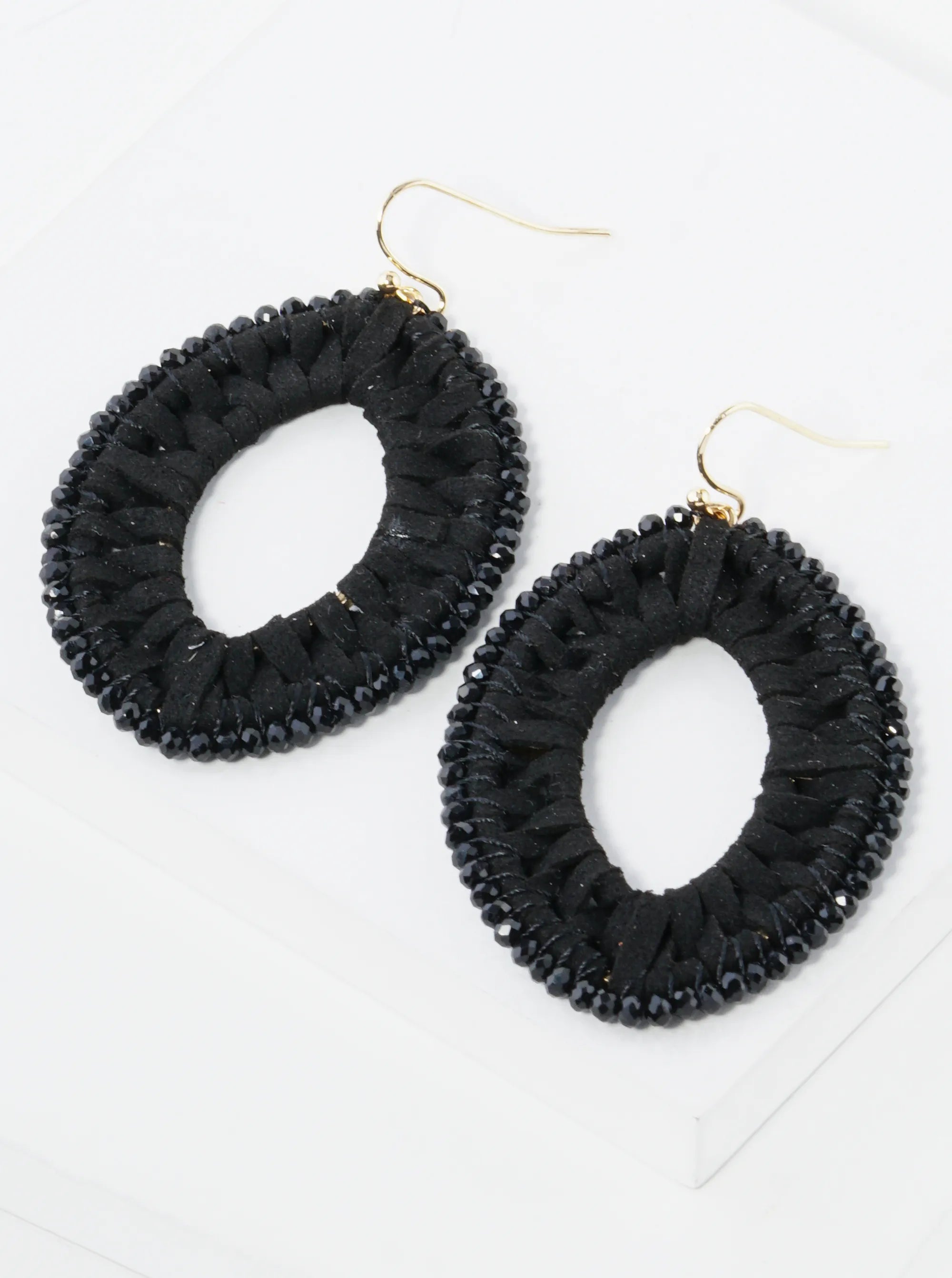 Suede And Beads 2 Inch Marquise Drop Dangle Earrings