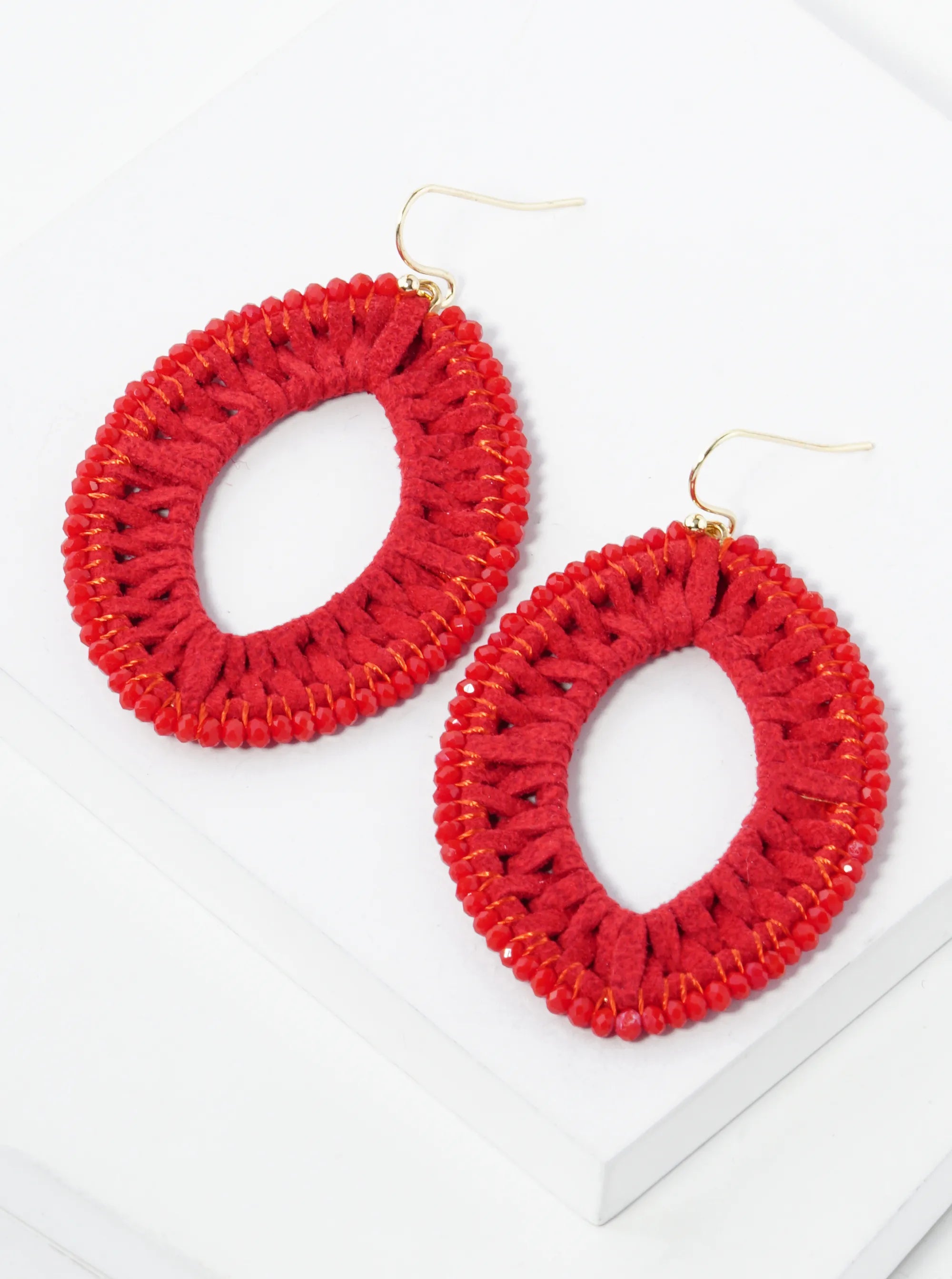 Suede And Beads 2 Inch Marquise Drop Dangle Earrings