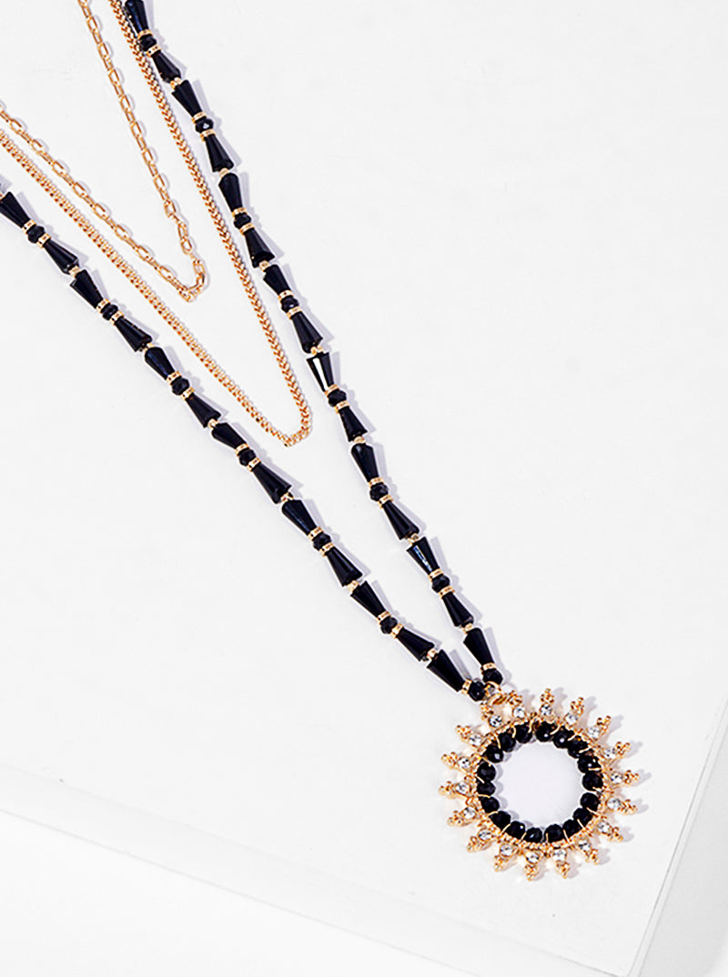 Sunburst Pendant Adorned With Glass Beads And Rhinestones Layered Necklace