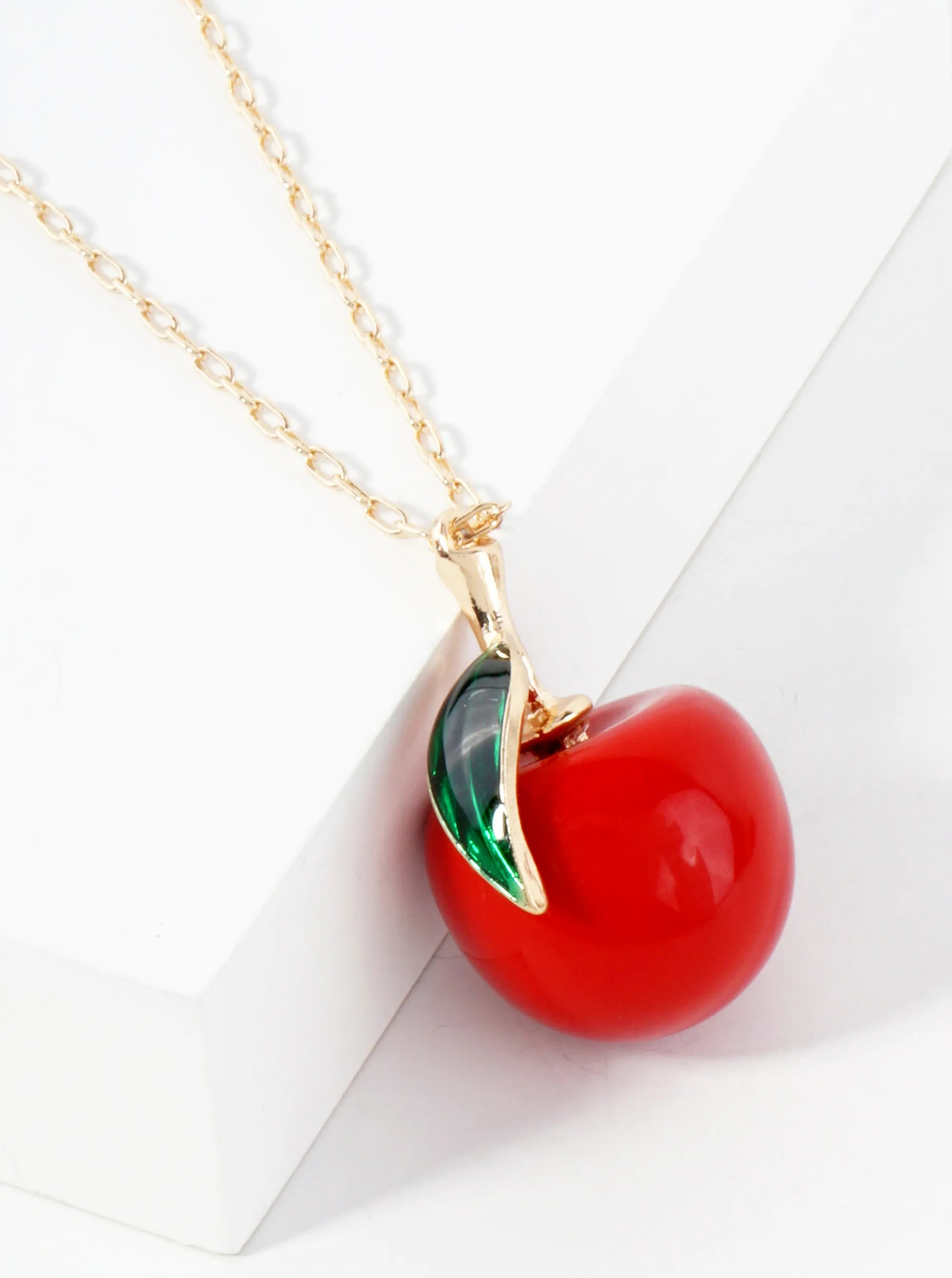 Sweet Red Cherry Pendant On 16-Inch Faceted Ball Chain Necklace