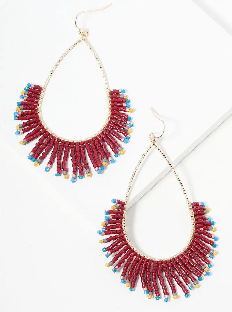 Teardrop Glass Beaded Fringe Earrings