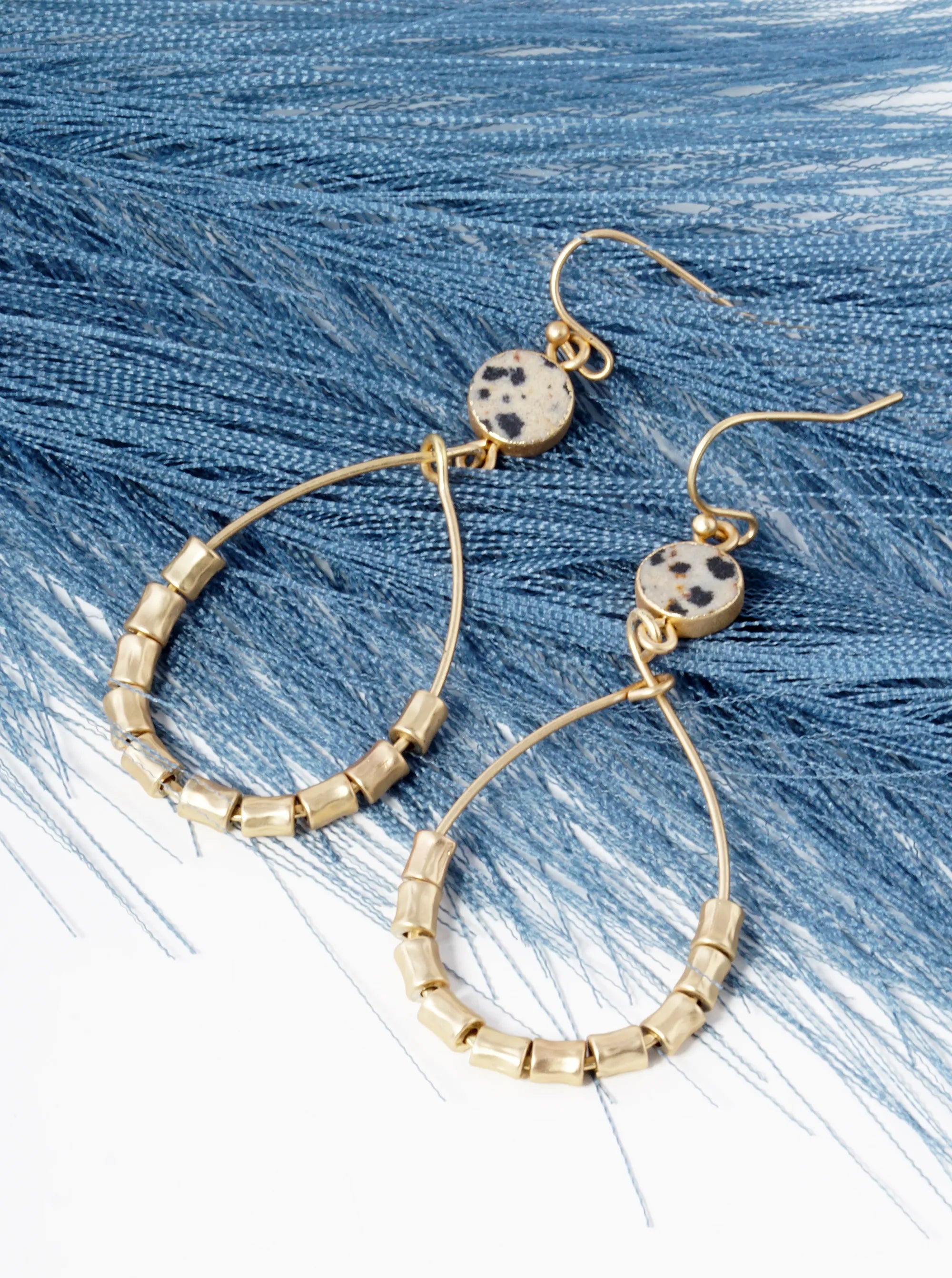 Textured Cylinder Beaded Wire Teardrop Semi-Precious Stone Earrings