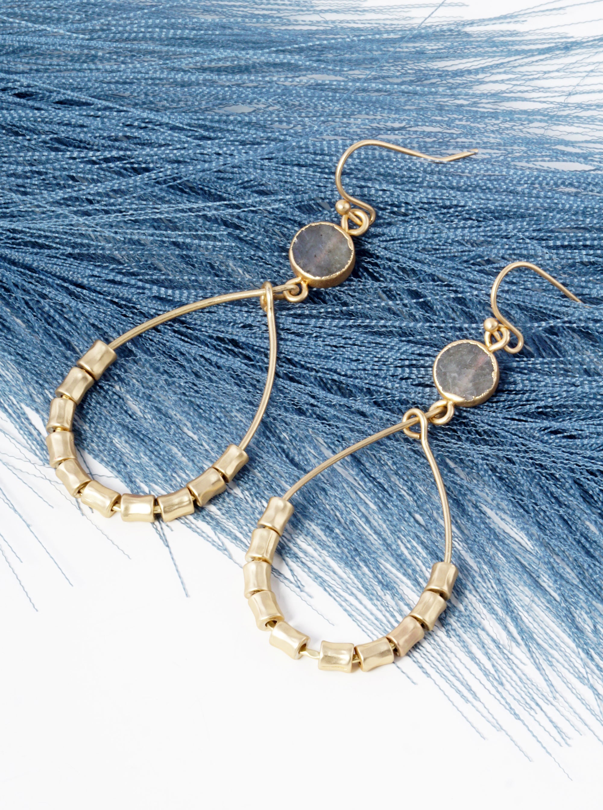 Textured Cylinder Beaded Wire Teardrop Semi-Precious Stone Earrings