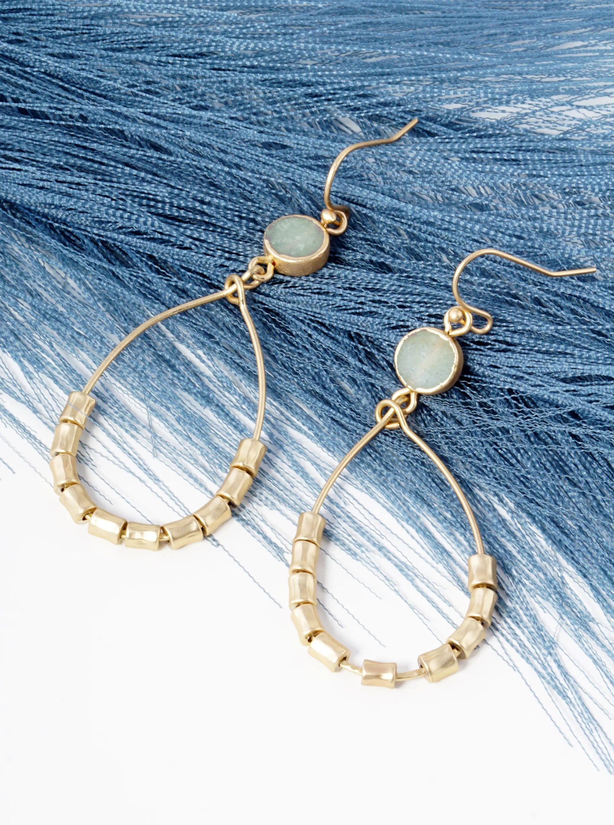 Textured Cylinder Beaded Wire Teardrop Semi-Precious Stone Earrings