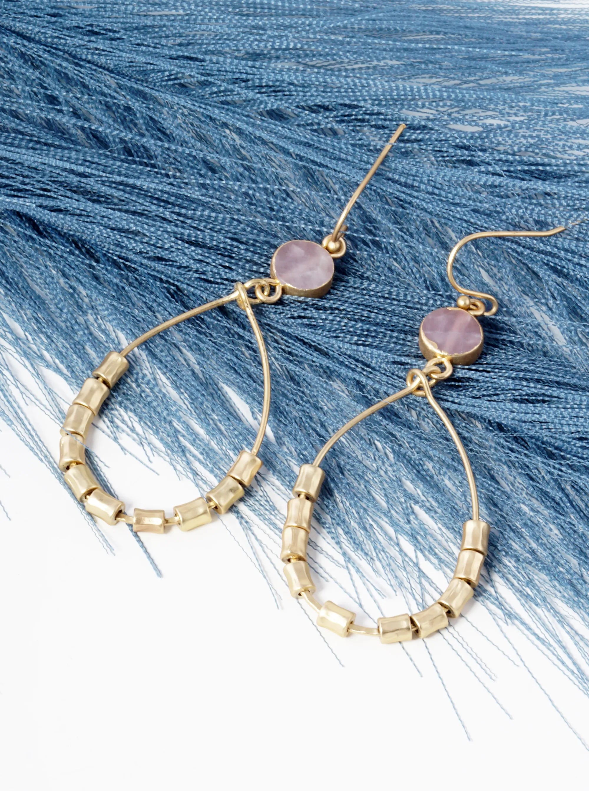 Textured Cylinder Beaded Wire Teardrop Semi-Precious Stone Earrings