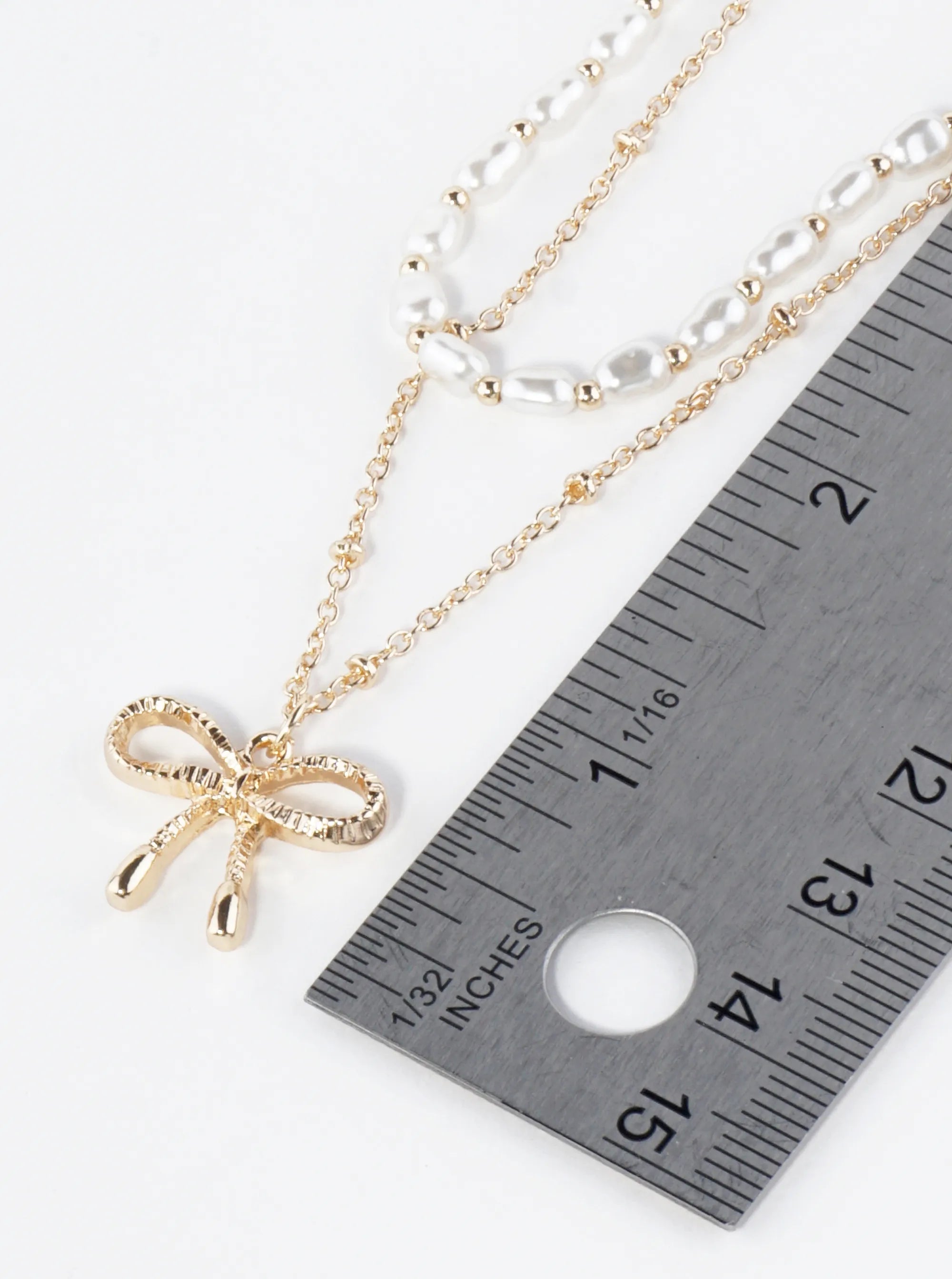 Textured Ribbon Bow Pendant Pearl Beaded Layered Necklace