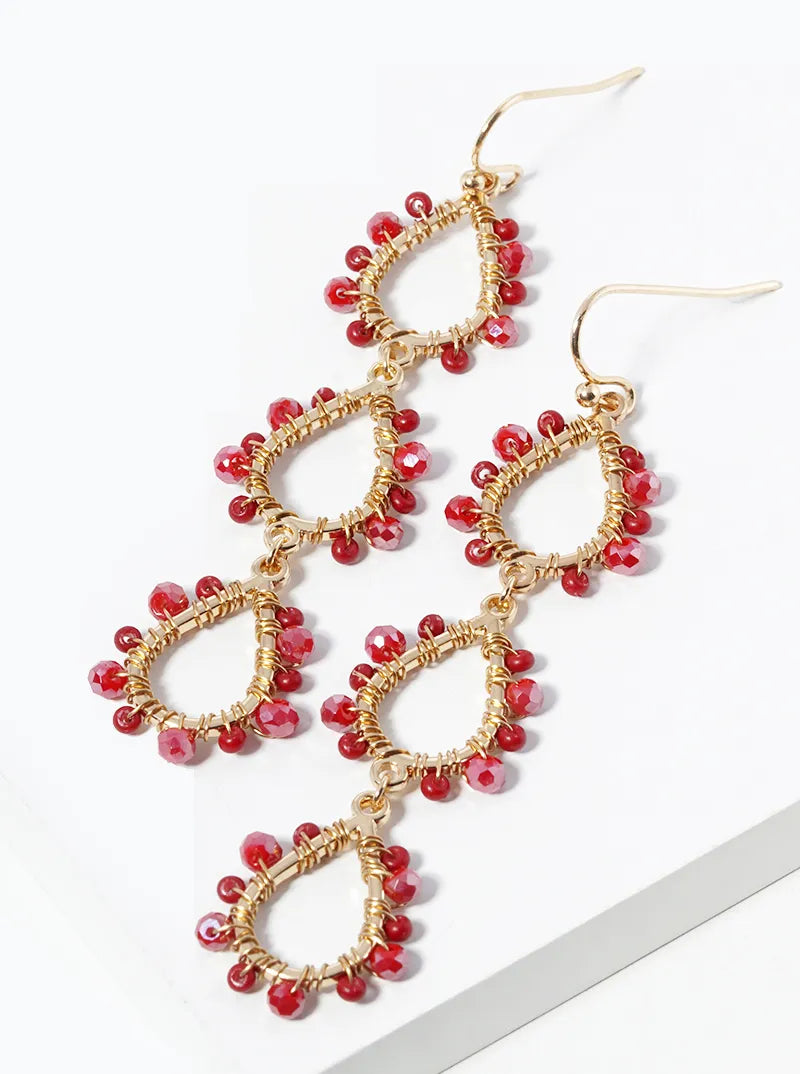Three Glass Beads Wire Wrapped Teardrops Dangle Drop Earrings