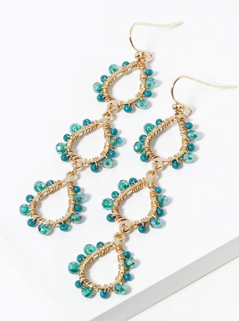 Three Glass Beads Wire Wrapped Teardrops Dangle Drop Earrings