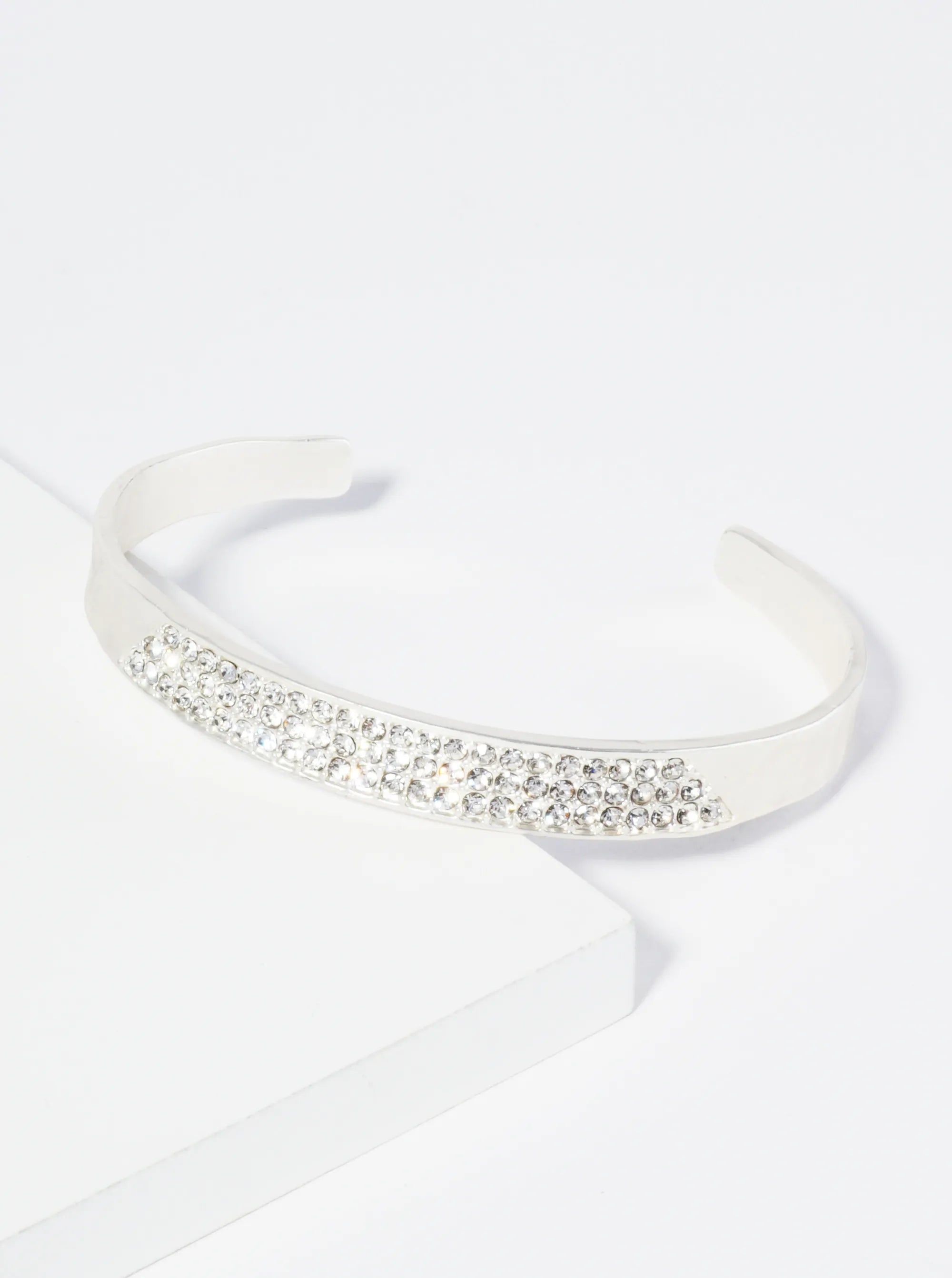 Three Line Crystal Pave Hammered Open Cuff Bracelet