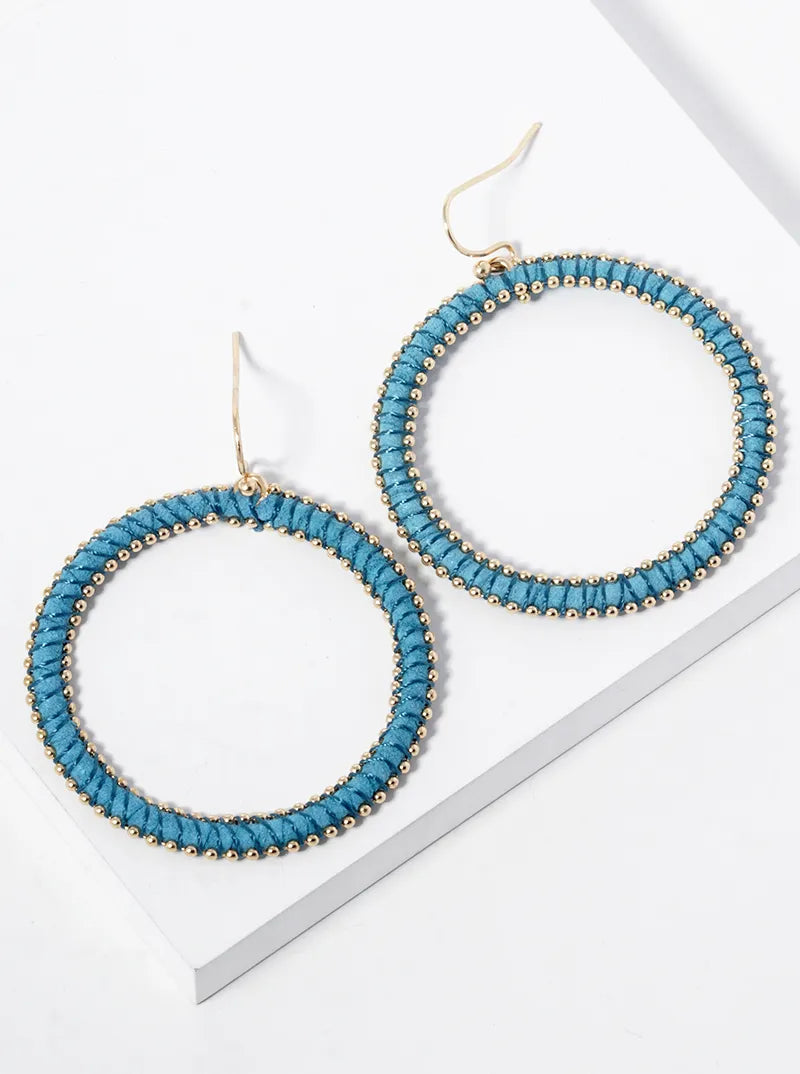 Tiny Metallic Beads Wired Suede Circle Dangle Drop Earrings