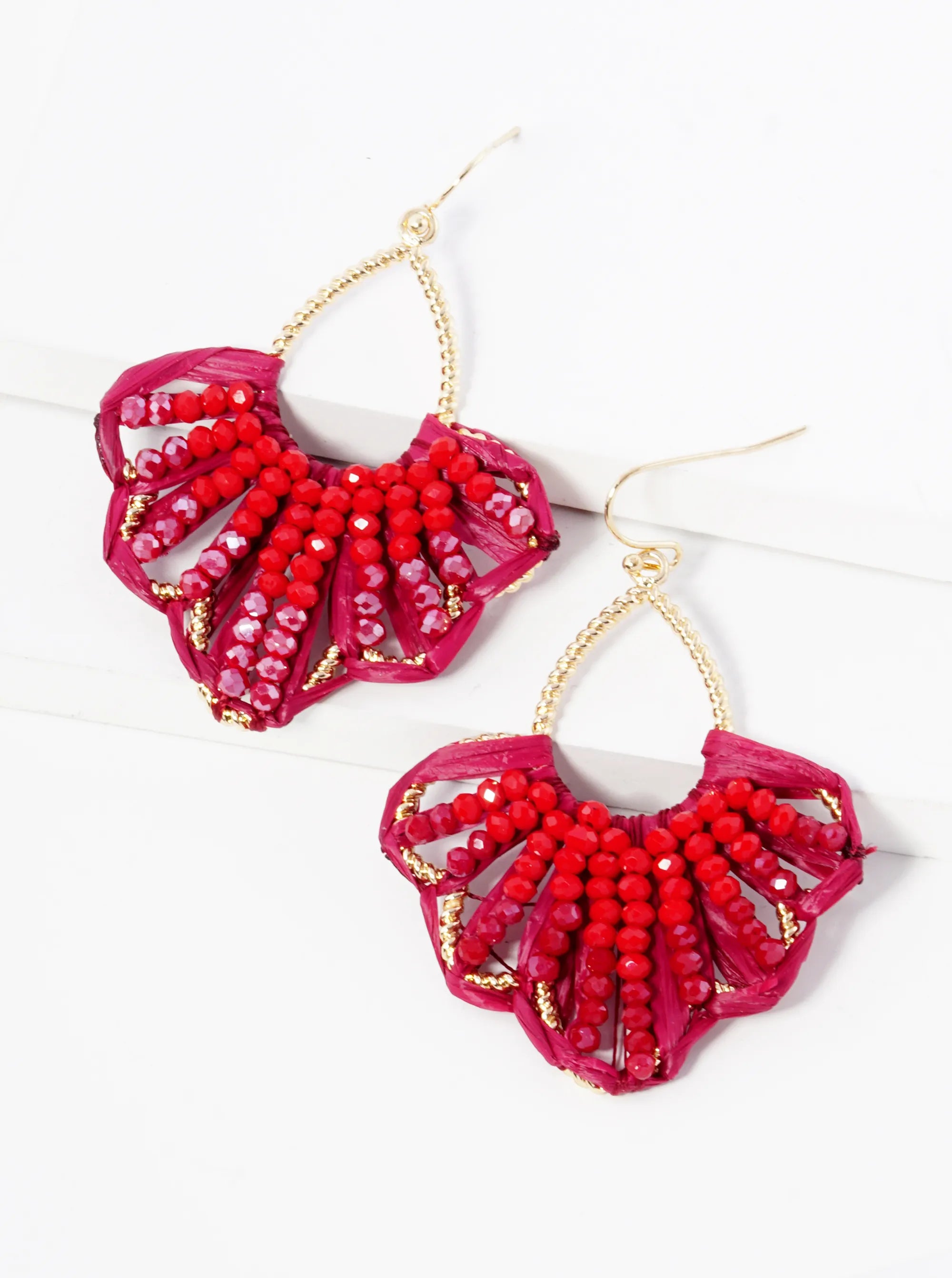 Two-Tone Glass Beaded Raffia Wrapped Dangle Earrings