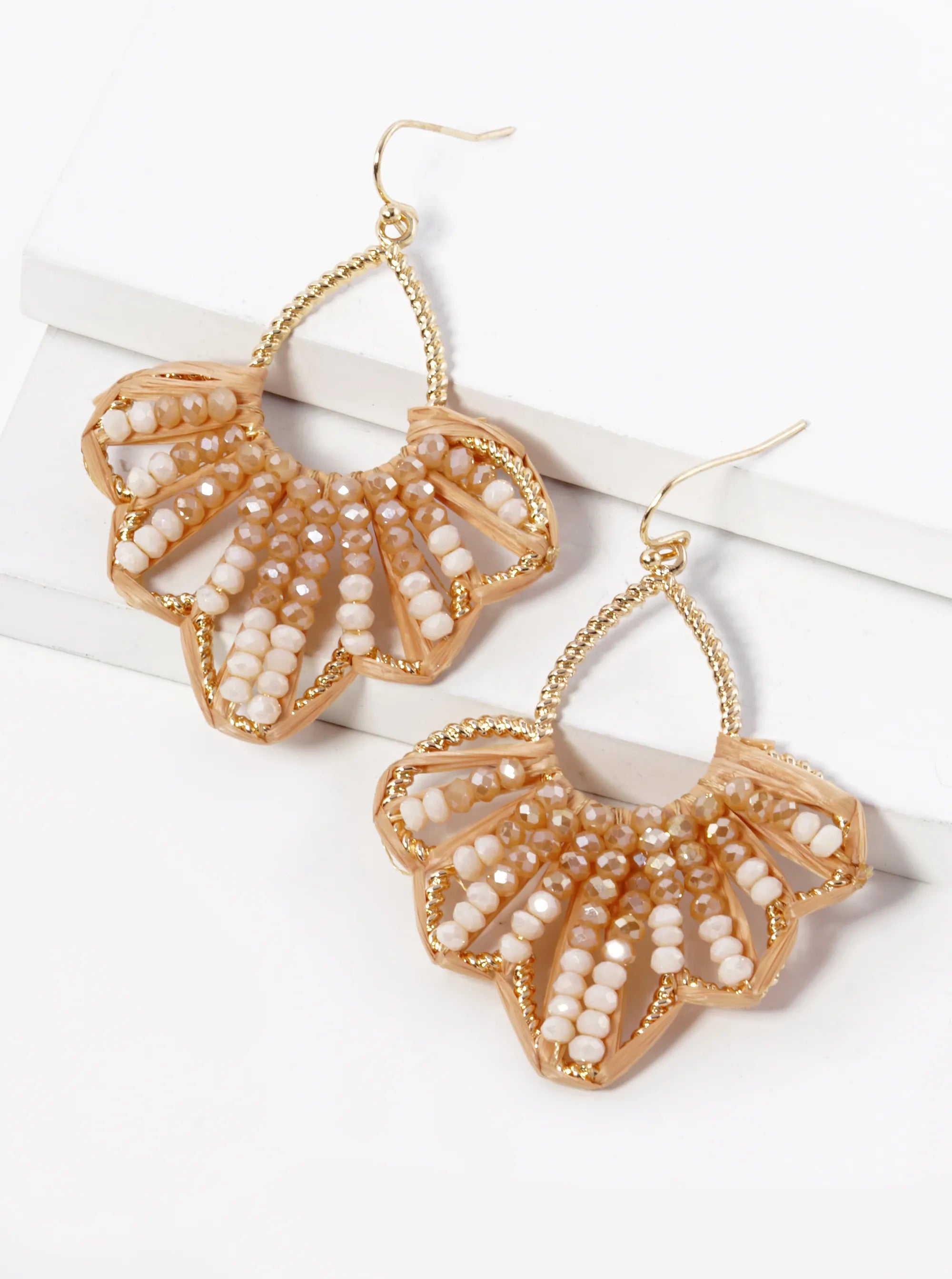 Two-Tone Glass Beaded Raffia Wrapped Dangle Earrings