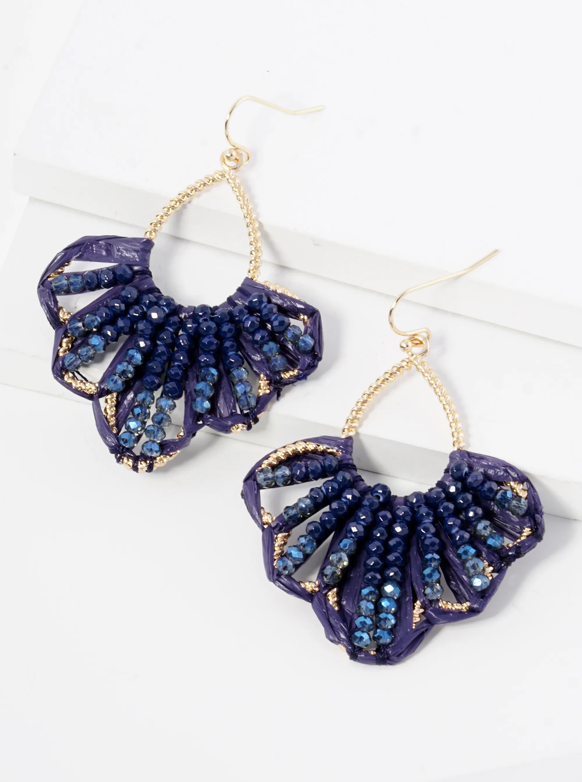 Two-Tone Glass Beaded Raffia Wrapped Dangle Earrings