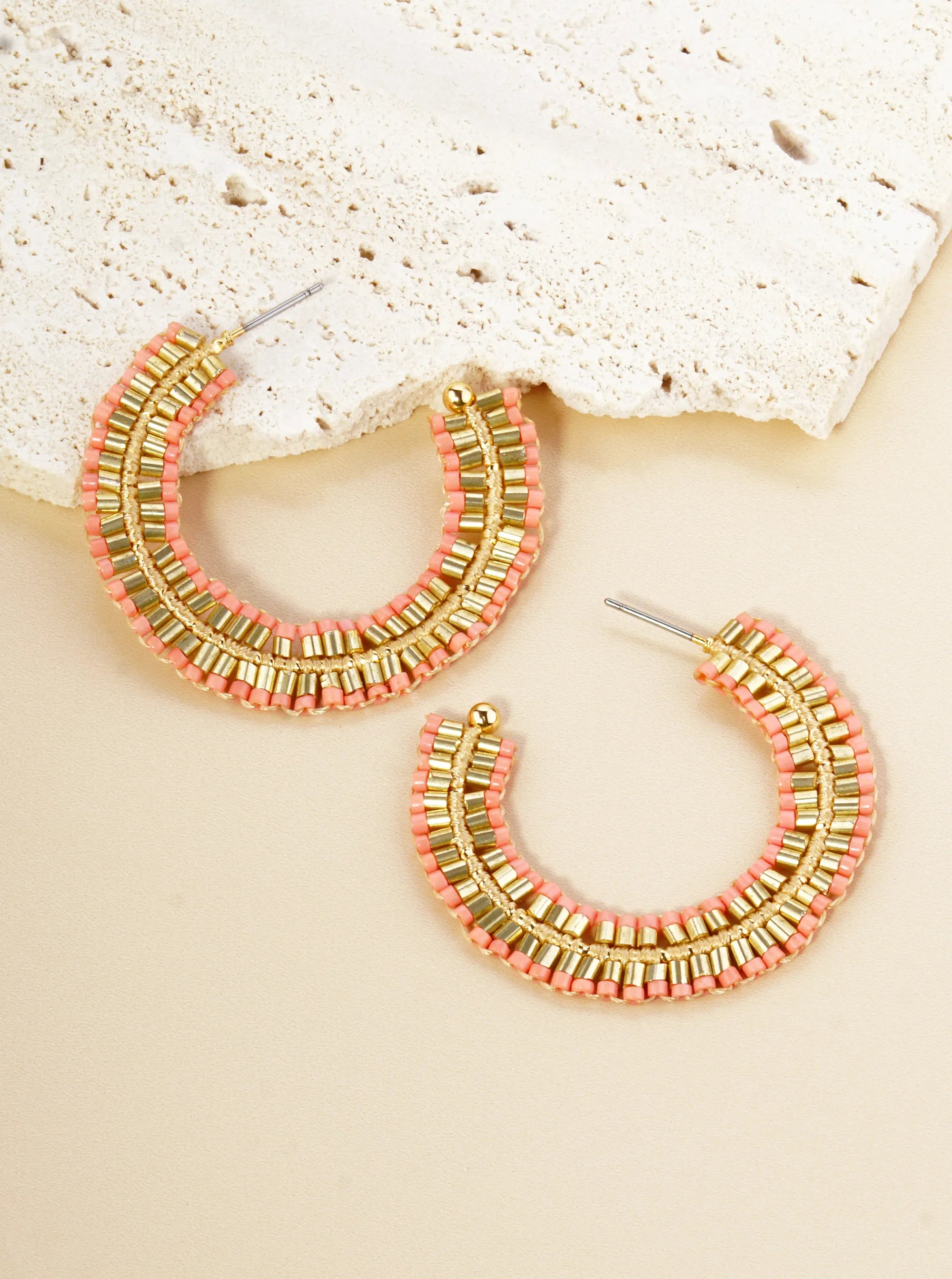 Two-Tone Seed Beaded 40mm Open Hoop Earrings