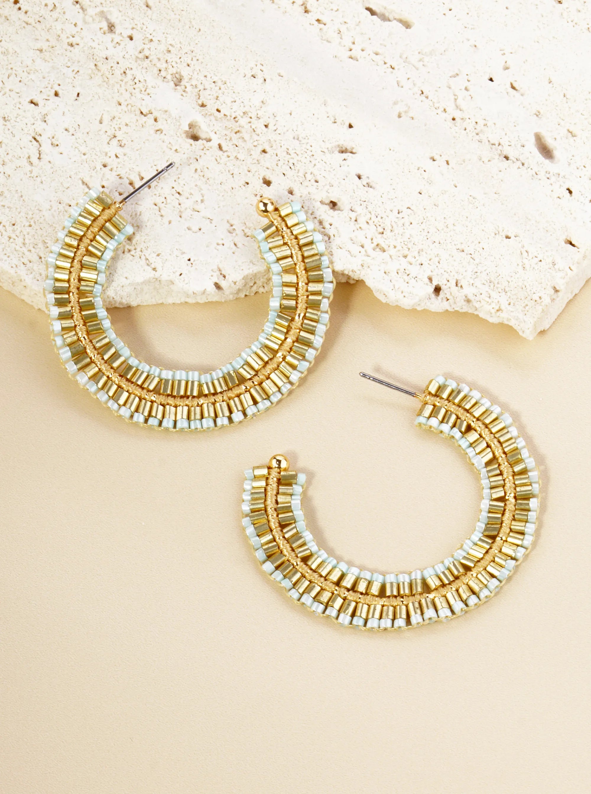 Two-Tone Seed Beaded 40mm Open Hoop Earrings