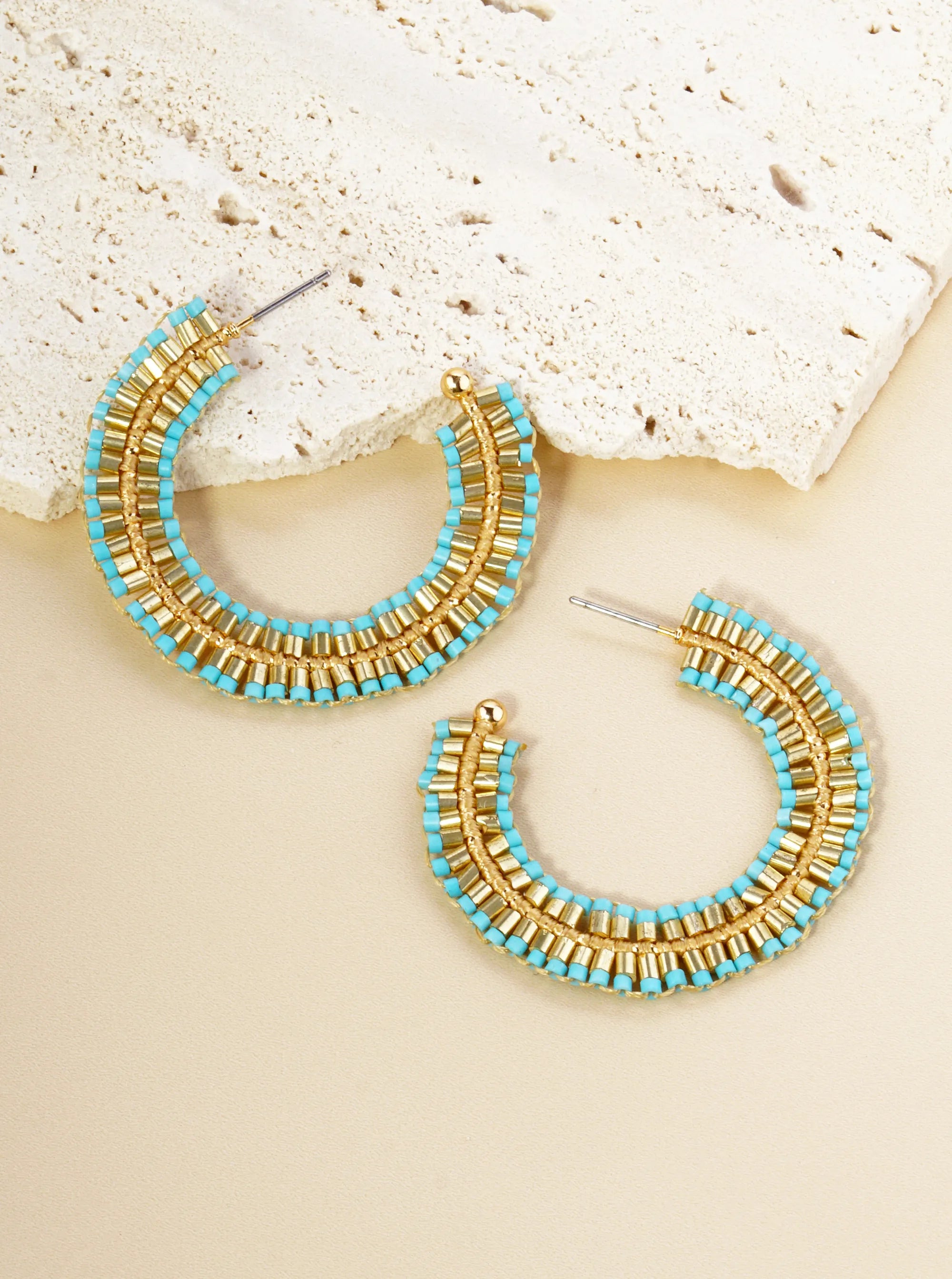 Two-Tone Seed Beaded 40mm Open Hoop Earrings