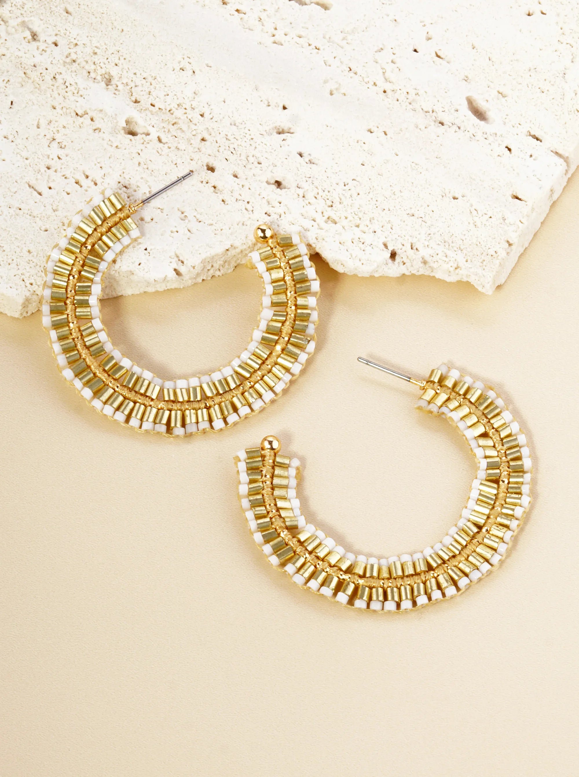 Two-Tone Seed Beaded 40mm Open Hoop Earrings