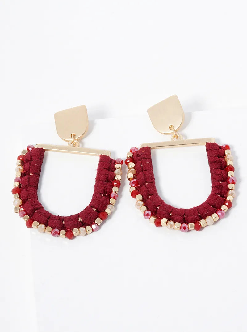 U Shaped Suede Wrapped Beads Dangle Drop Post Earrings
