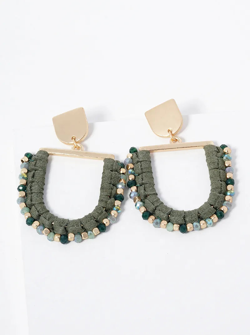 U Shaped Suede Wrapped Beads Dangle Drop Post Earrings