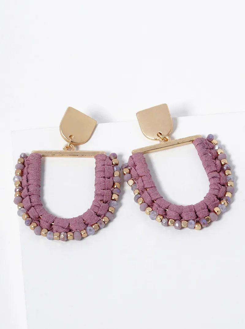 U Shaped Suede Wrapped Beads Dangle Drop Post Earrings
