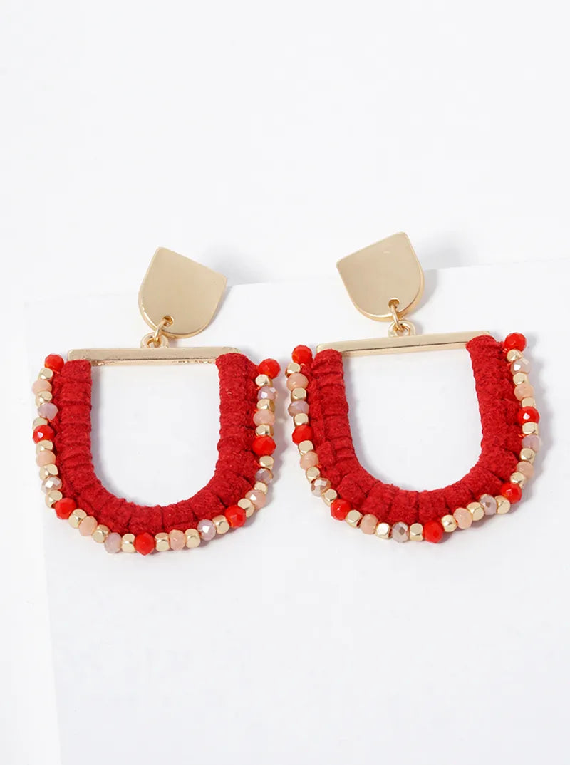 U Shaped Suede Wrapped Beads Dangle Drop Post Earrings