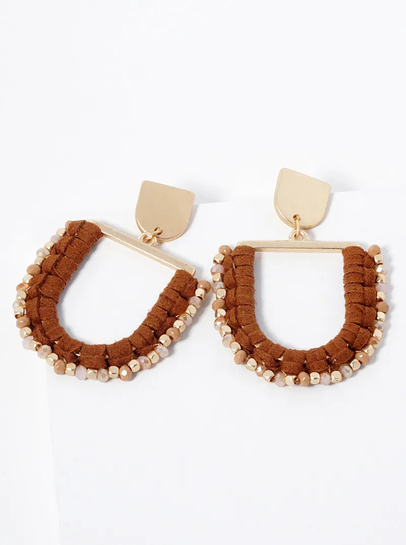 U Shaped Suede Wrapped Beads Dangle Drop Post Earrings