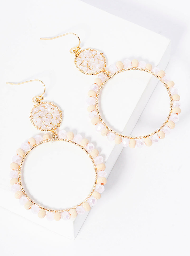 Wood And Glass Beaded Double Circle Dangle Drop Earrings